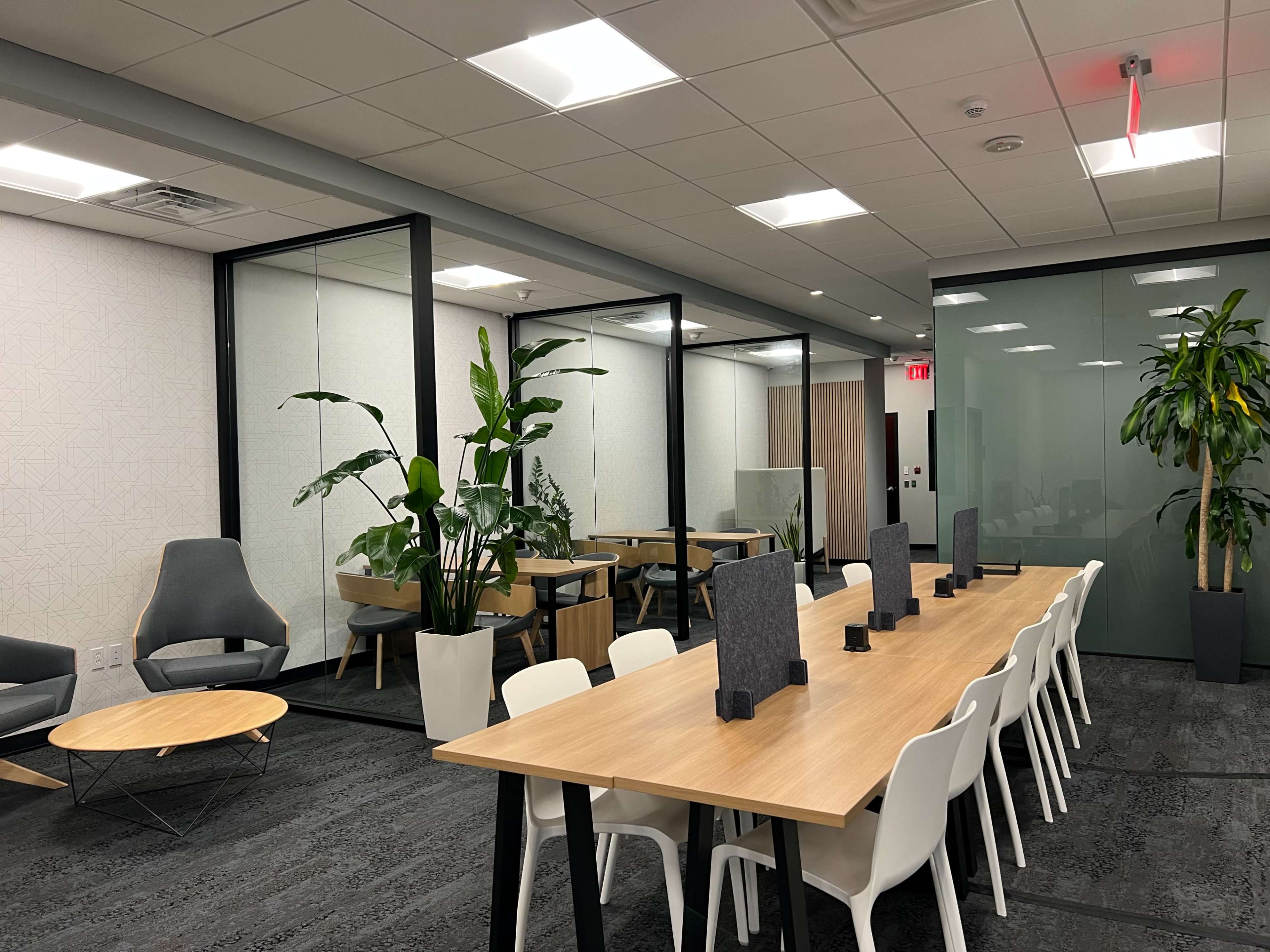 A modern office space featuring a long wooden table surrounded by white chairs, potted plants, and glass partitioned meeting rooms.