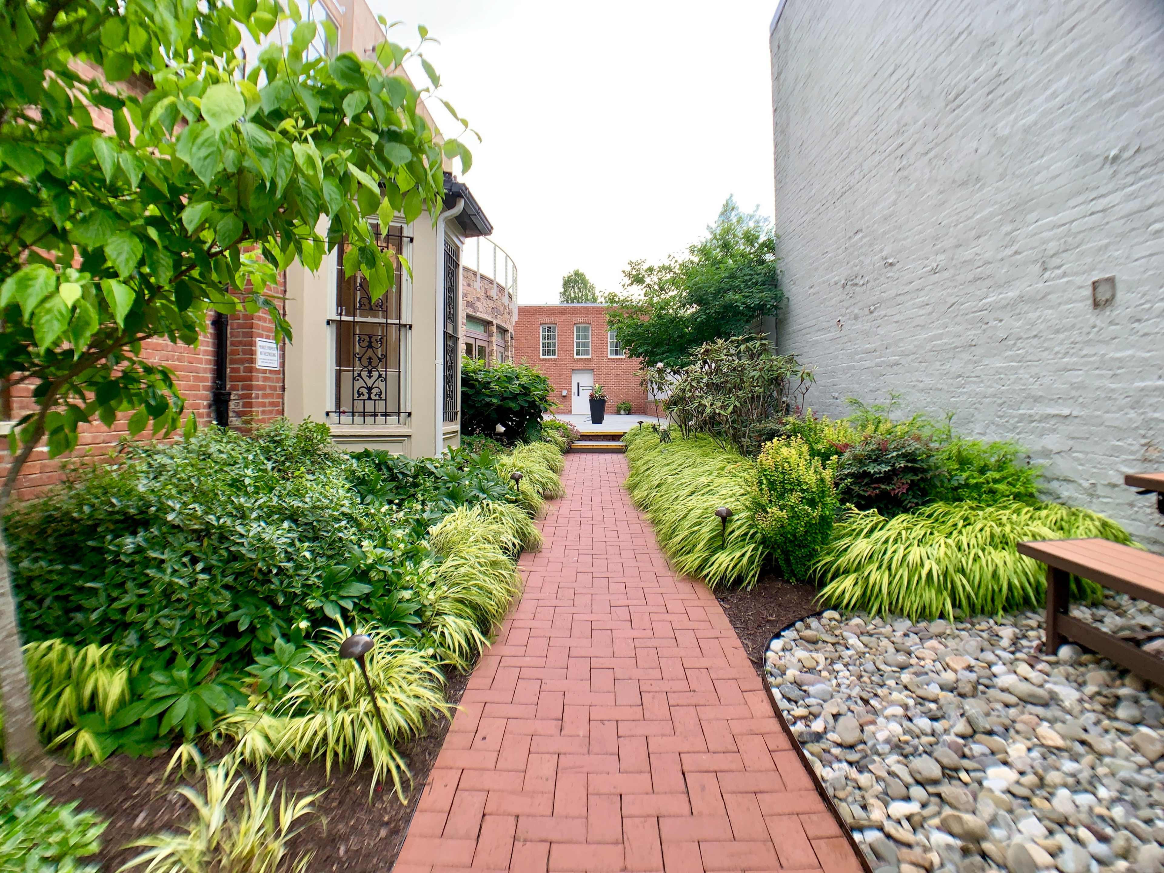 A brick pathway lined with lush greenery leads through a garden with various plants and a stone area.