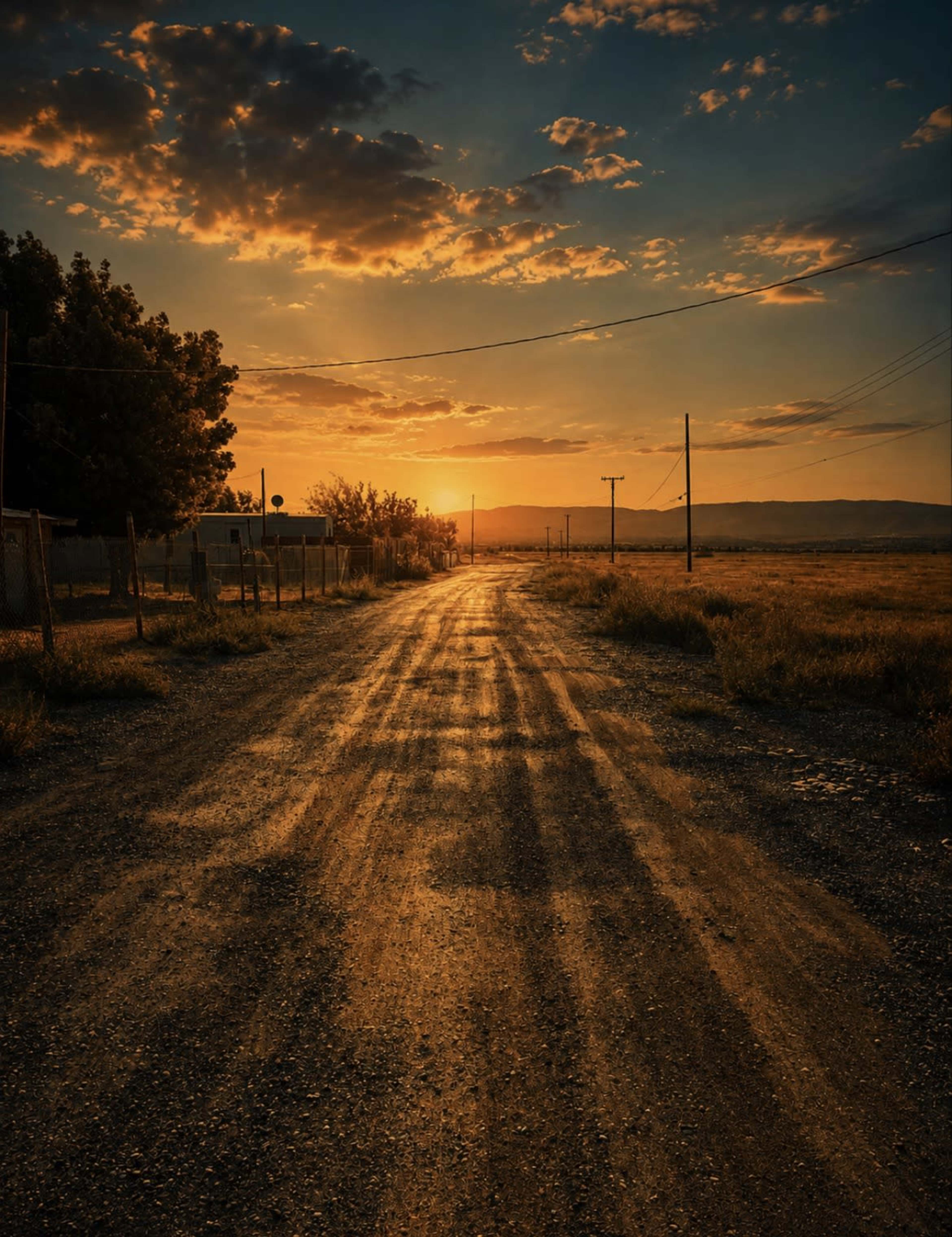 A dirt road stretches towards the horizon under a colorful sunset, bordered by grass and trees.