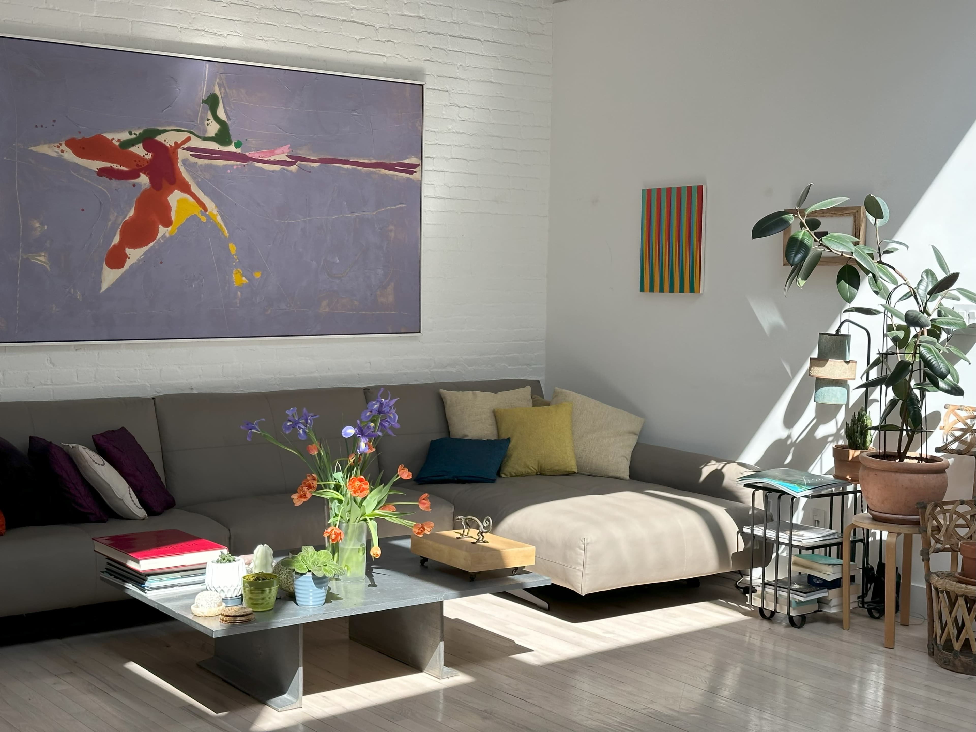 A sunlit living room features a gray sofa adorned with colorful pillows, a coffee table with books and plants, and vibrant artwork on the walls.