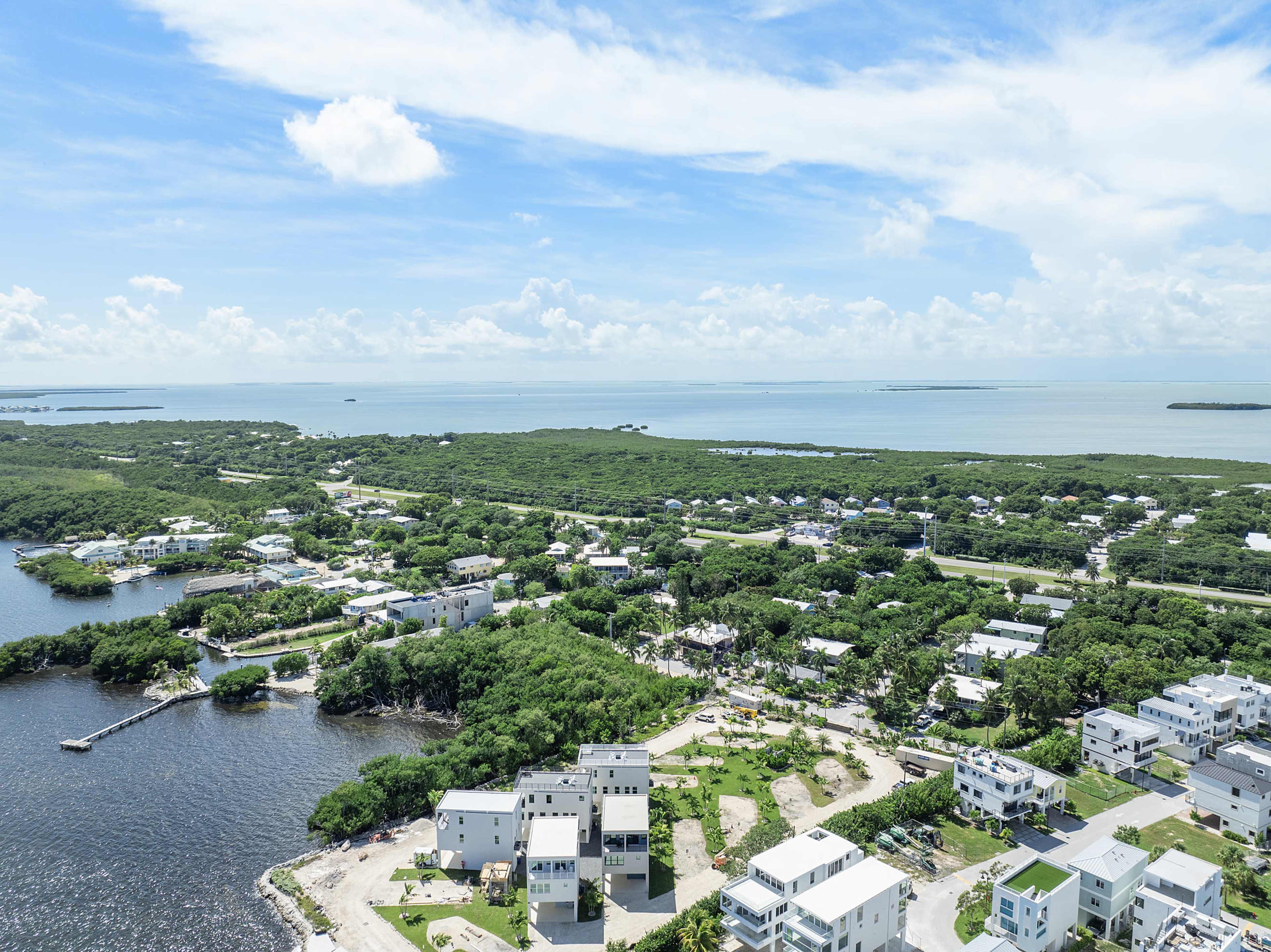 The image shows a coastal area with houses and greenery, along with a river and the ocean in the background.