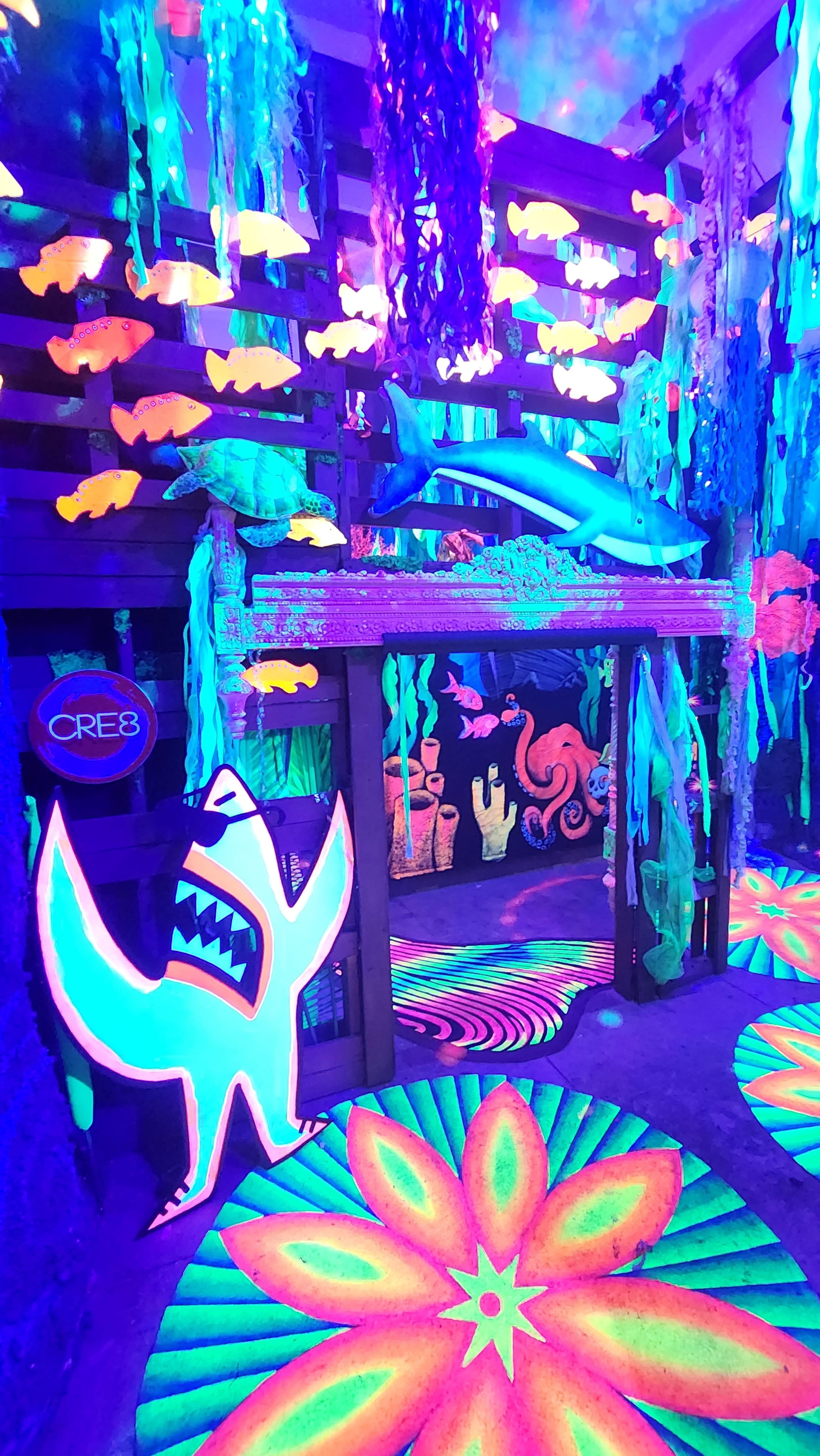 The scene features a brightly colored, glow-in-the-dark underwater themed room with stylized fish, a dolphin, and vibrant coral decorations.