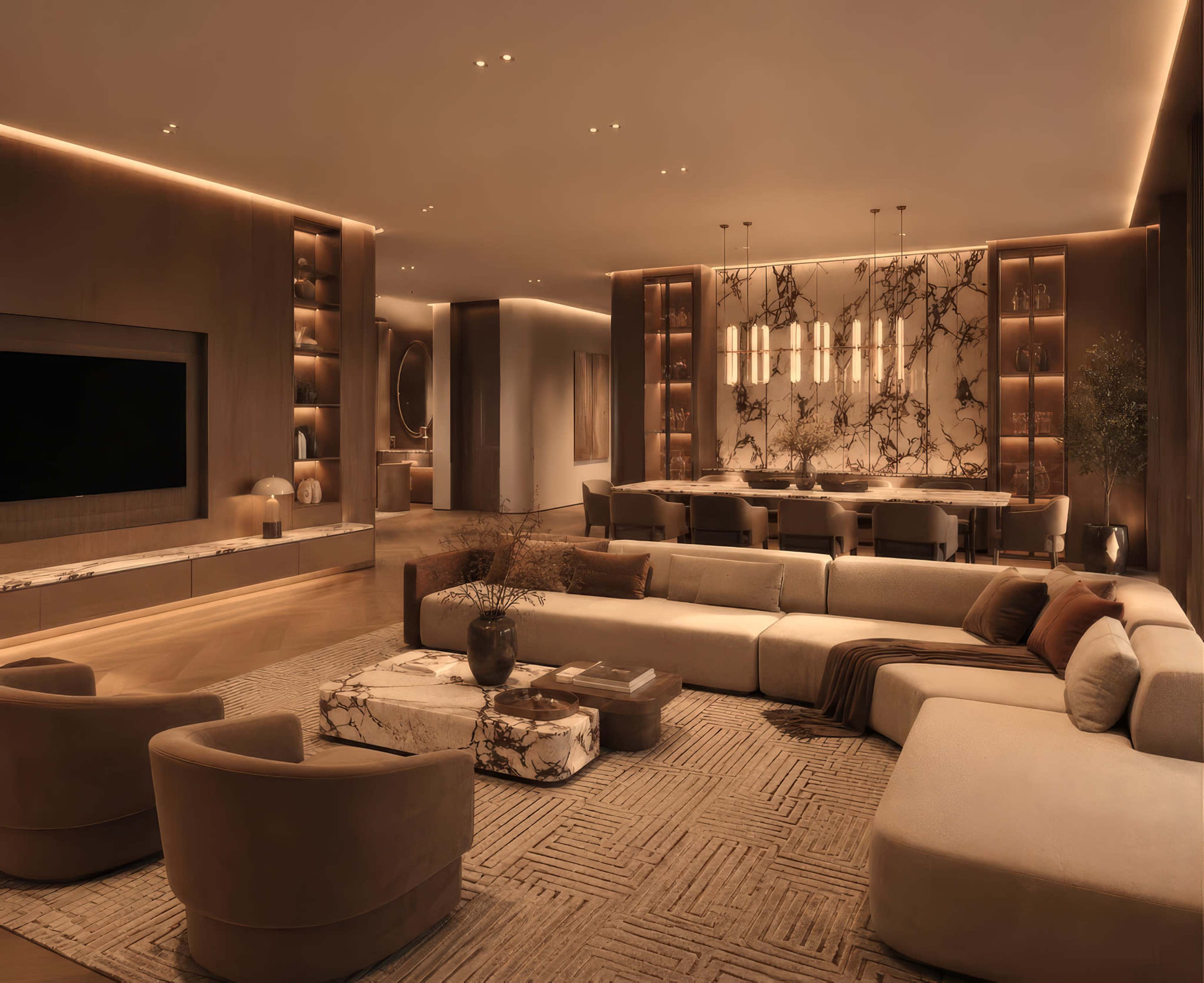 The image depicts a modern living room with a spacious layout, featuring a large sectional sofa, a coffee table, and a dining area illuminated by pendant lights.