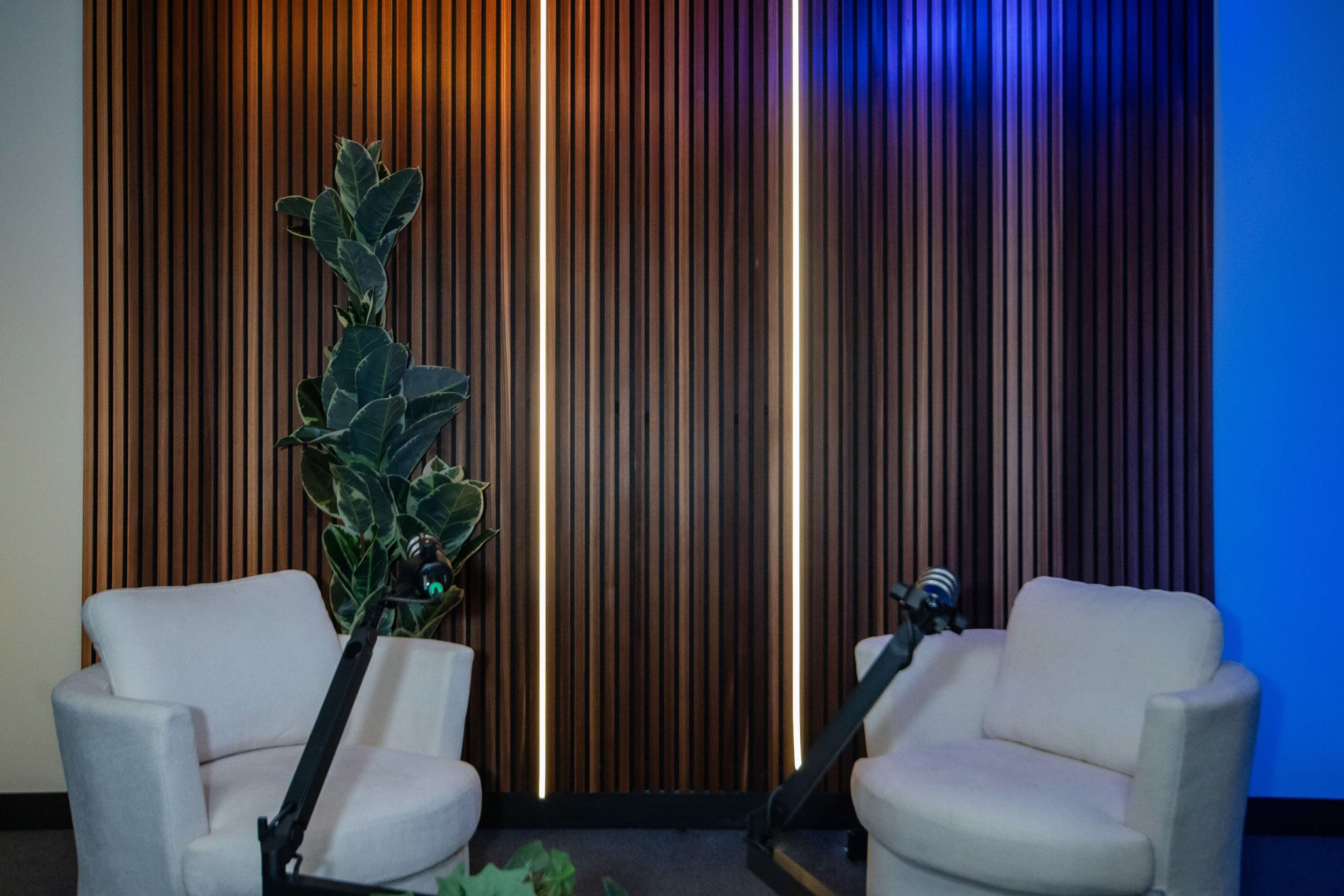 The image shows a modern podcast studio setup with two white chairs, each equipped with a microphone on a stand, and a green plant beside a wooden paneled wall featuring vertical lighting.