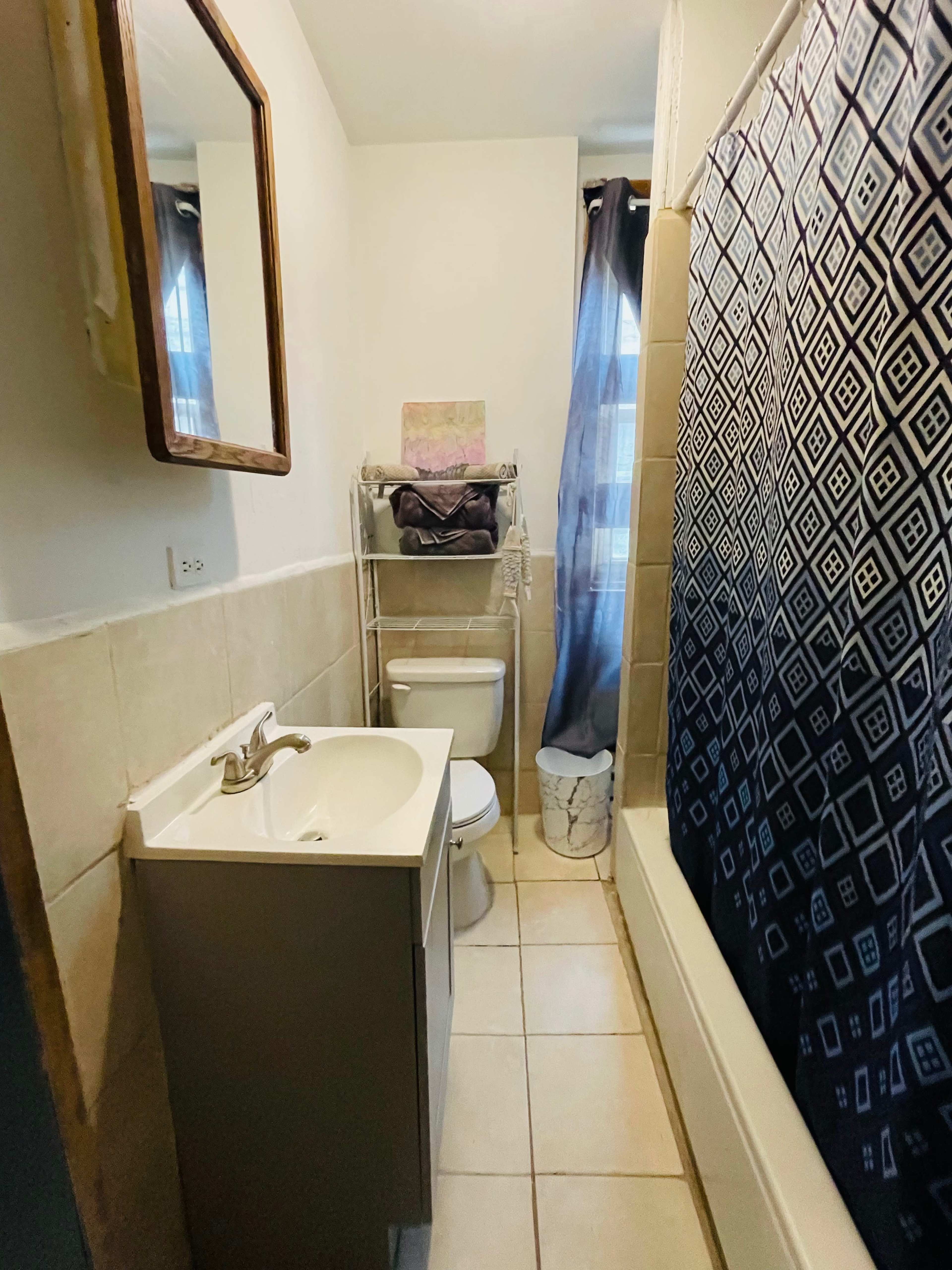 A small bathroom featuring a sink with a mirror above it, a toilet, a shower with a patterned curtain, and shelves with towels.