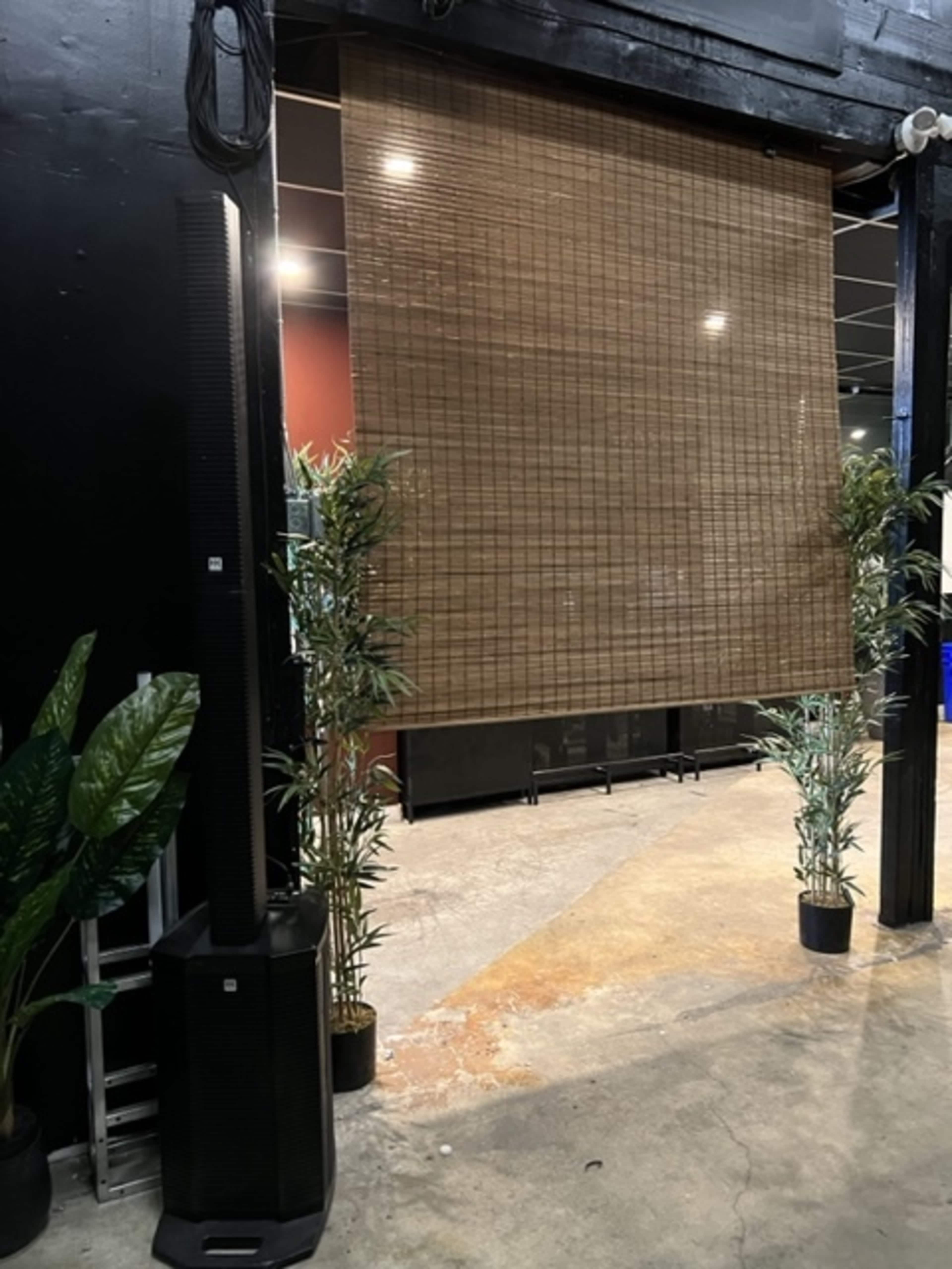 A large bamboo shade hanging in an indoor space, flanked by tall potted plants and a speaker positioned on the left side.