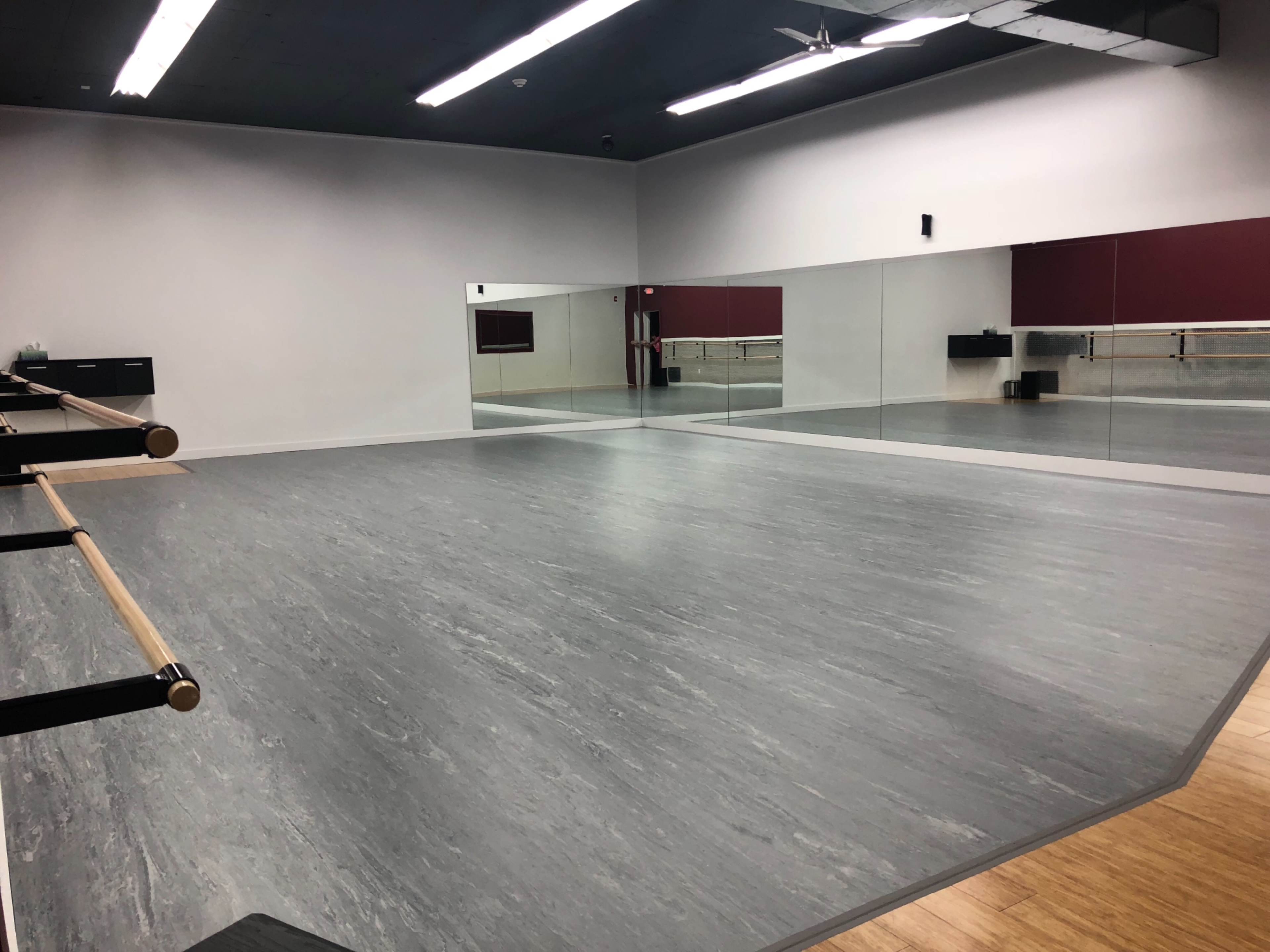 A spacious dance studio with a mirrored wall, a wooden floor, and ballet barres along one side.
