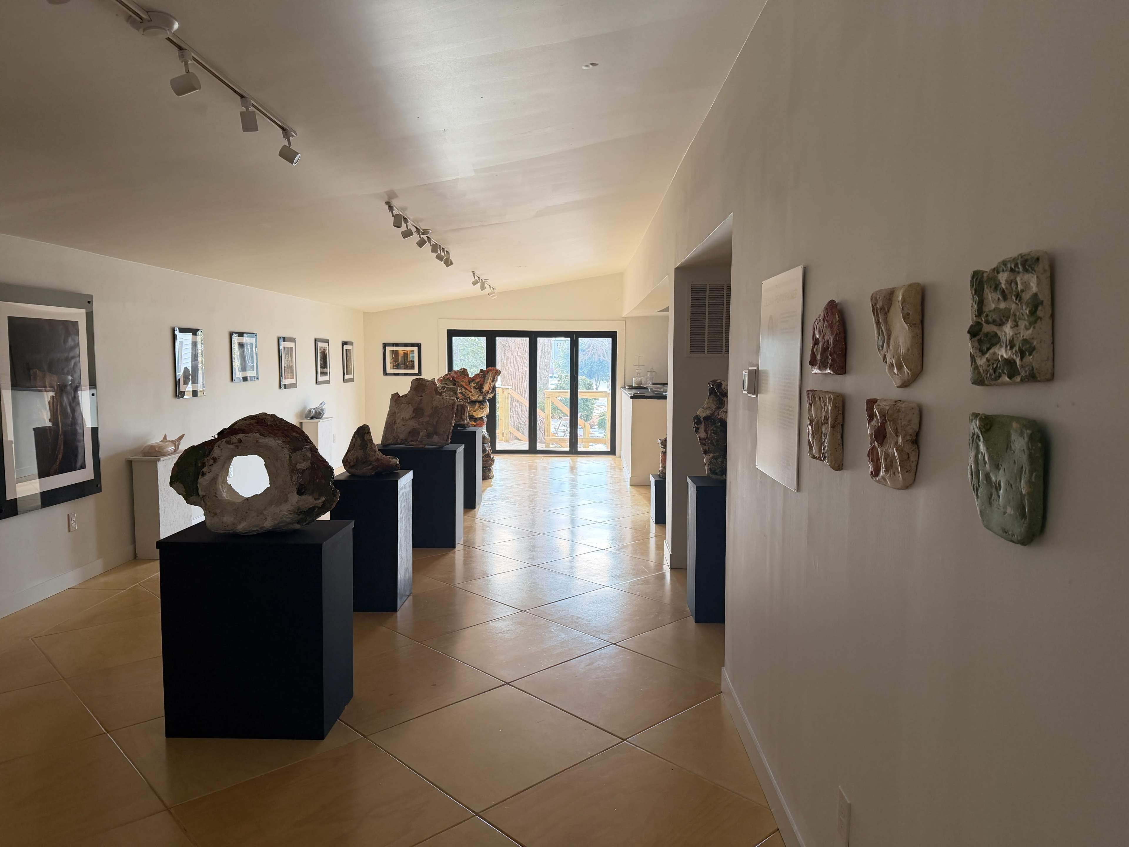 The image shows an art gallery featuring several sculptures displayed on pedestals along a white wall with framed artworks.