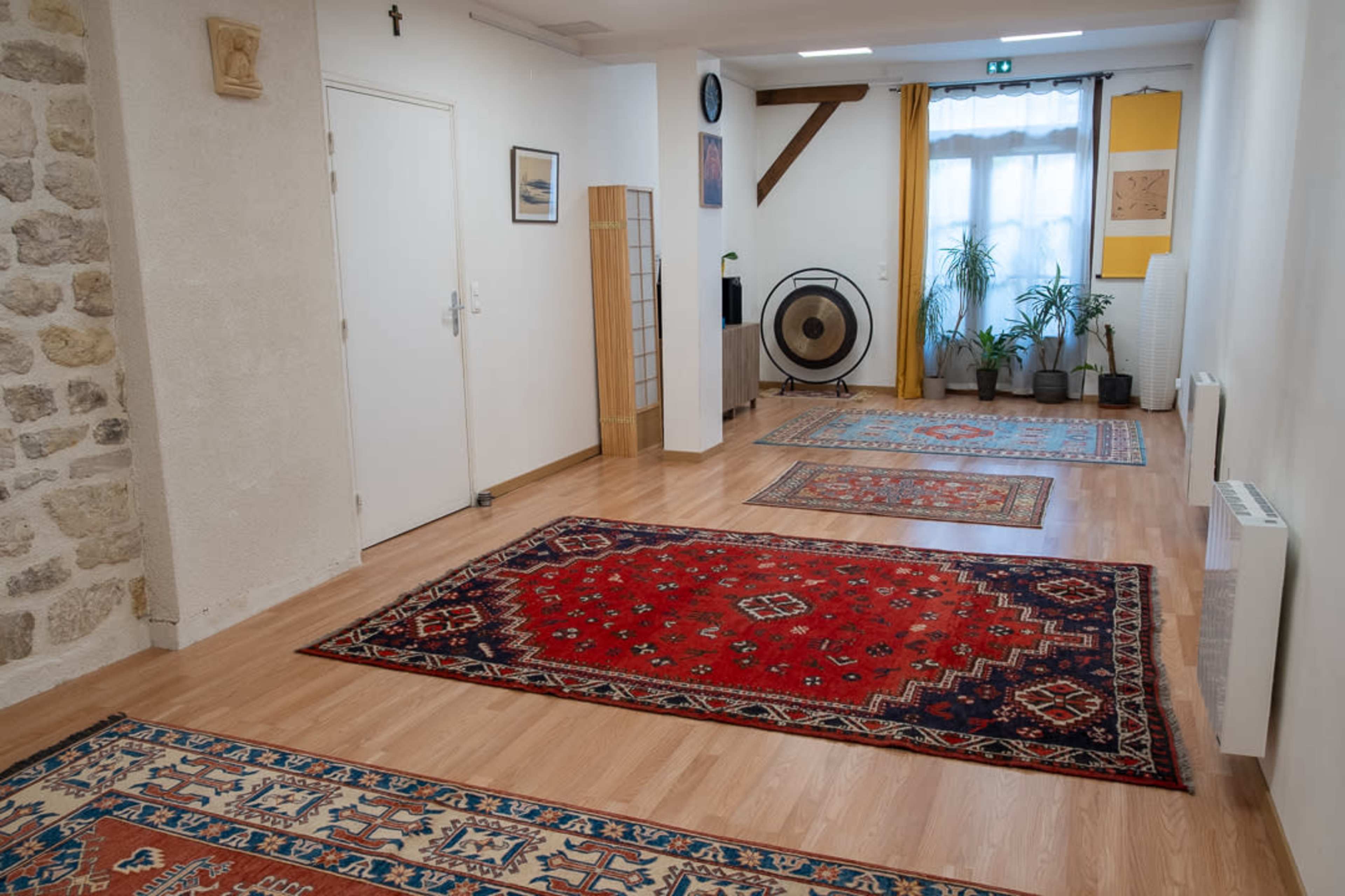 The image shows a spacious, well-lit room with wooden flooring, decorated with several colorful rugs and plants, and featuring a large gong in the corner.