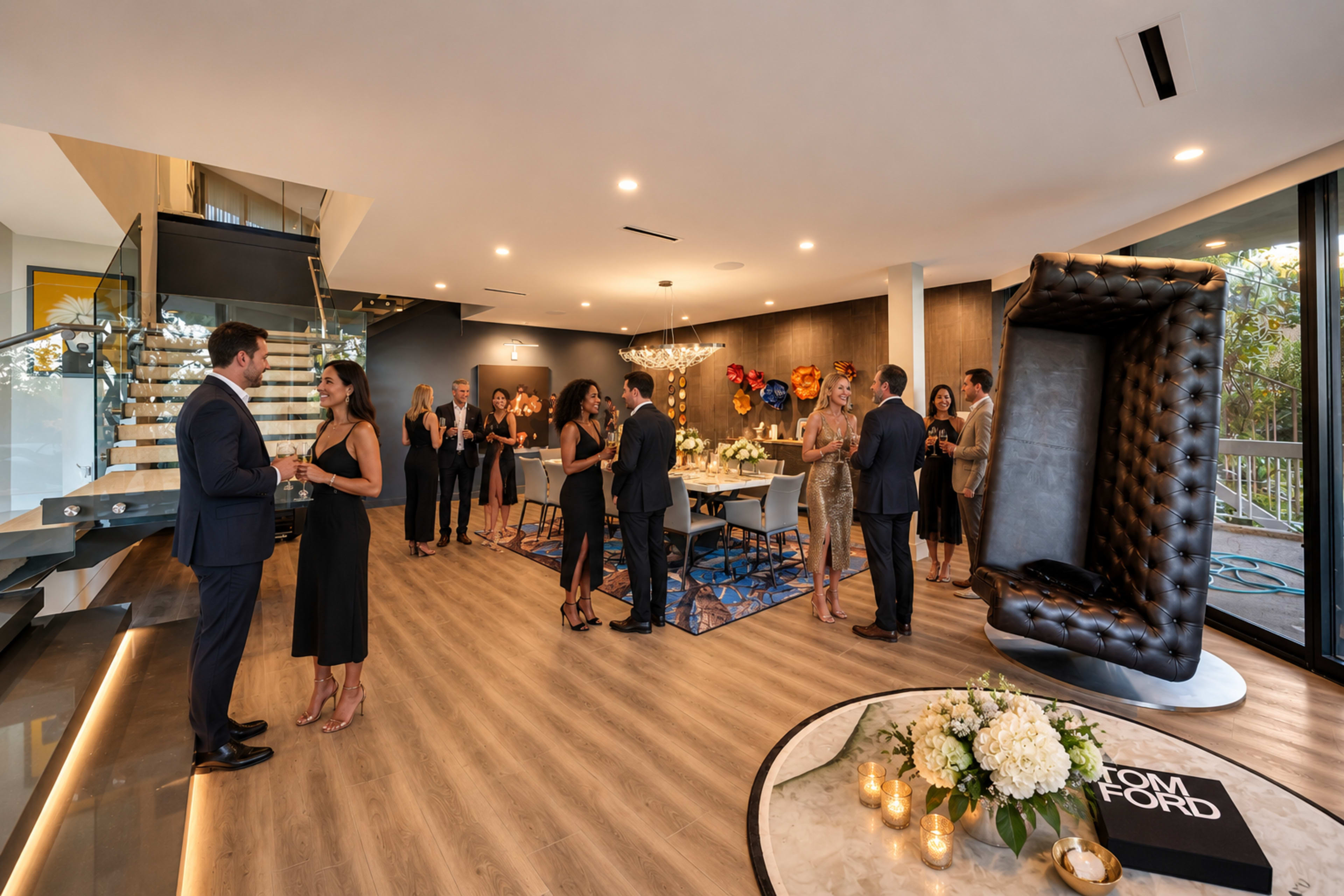 A group of elegantly dressed people socialize during an event in a modern interior space featuring a dining area, a distinctive black lounge chair, and decorative floral arrangements.