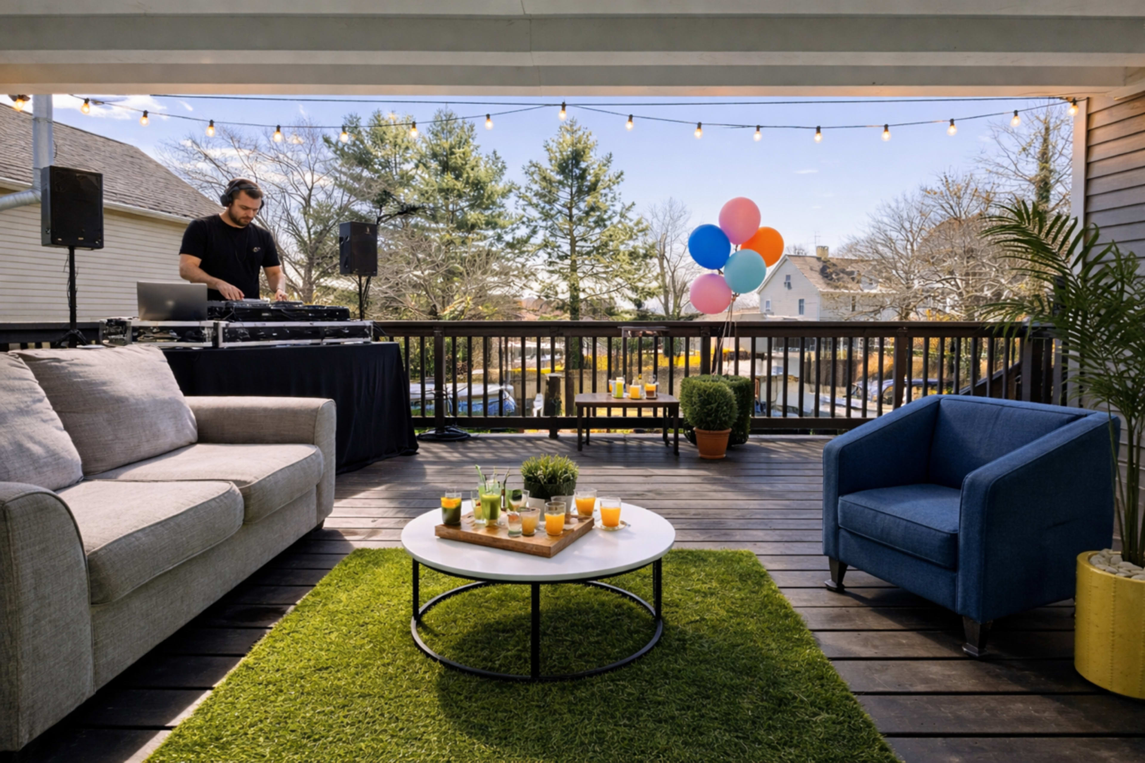 A DJ sets up equipment on a patio decorated with balloons, surrounded by a cozy seating area featuring a gray sofa and a blue armchair.