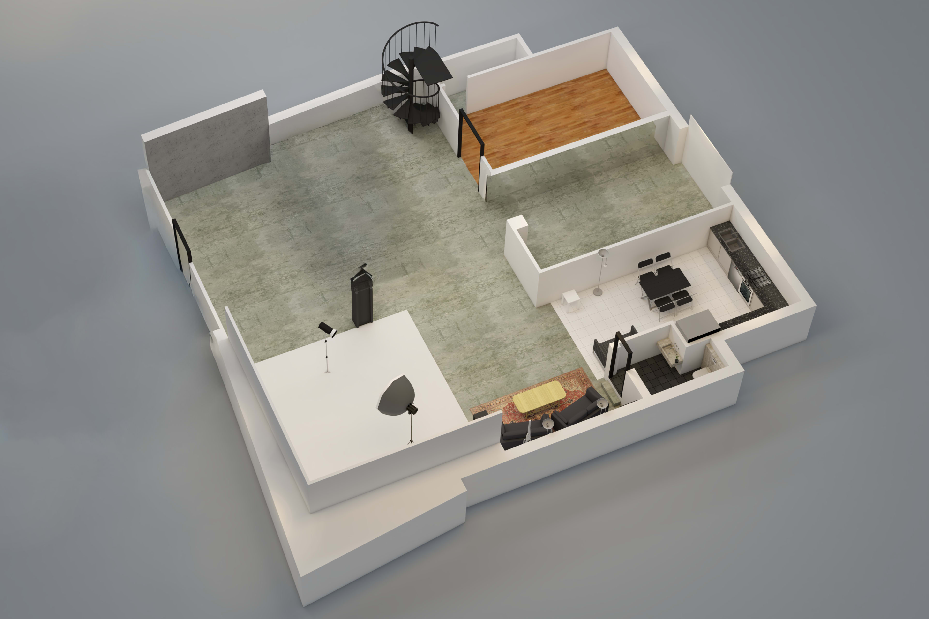 The image shows a 3D floor plan of an open-concept apartment featuring a spiral staircase, a living area with a sofa set, a kitchen space, and a small dining area.
