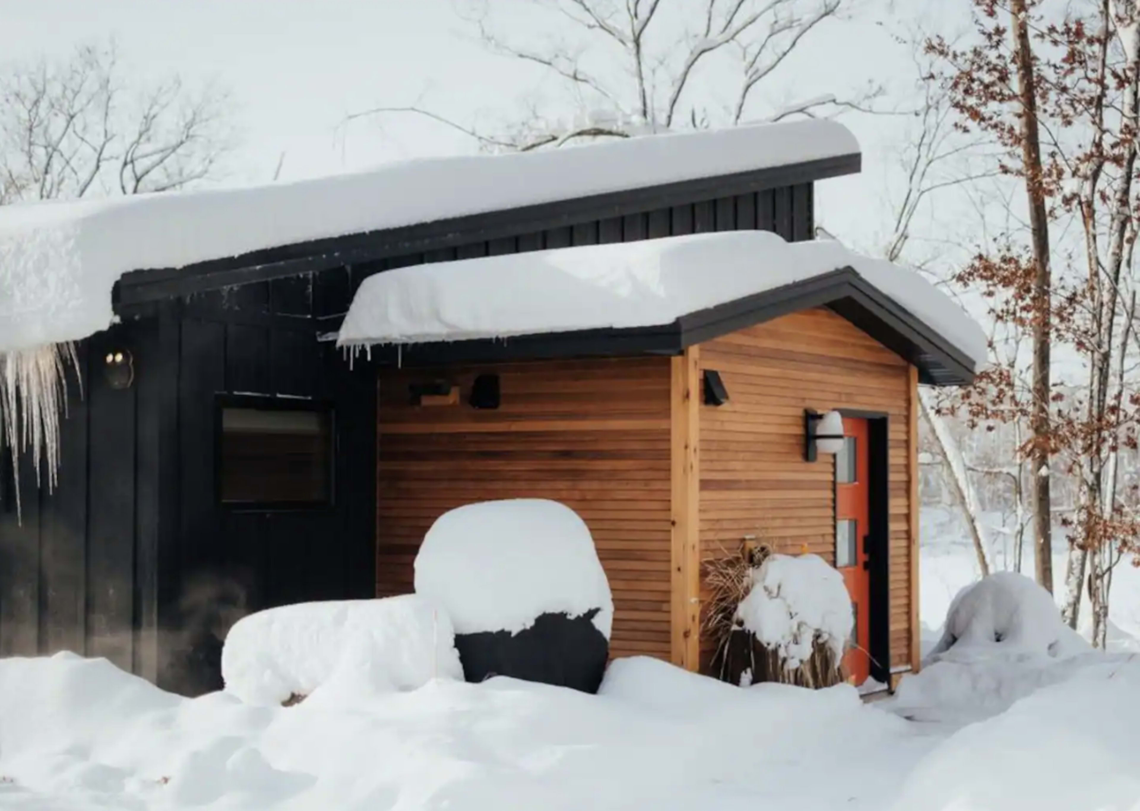A small, modern cabin with a black exterior and wooden accents is covered in snow, surrounded by bare trees.
