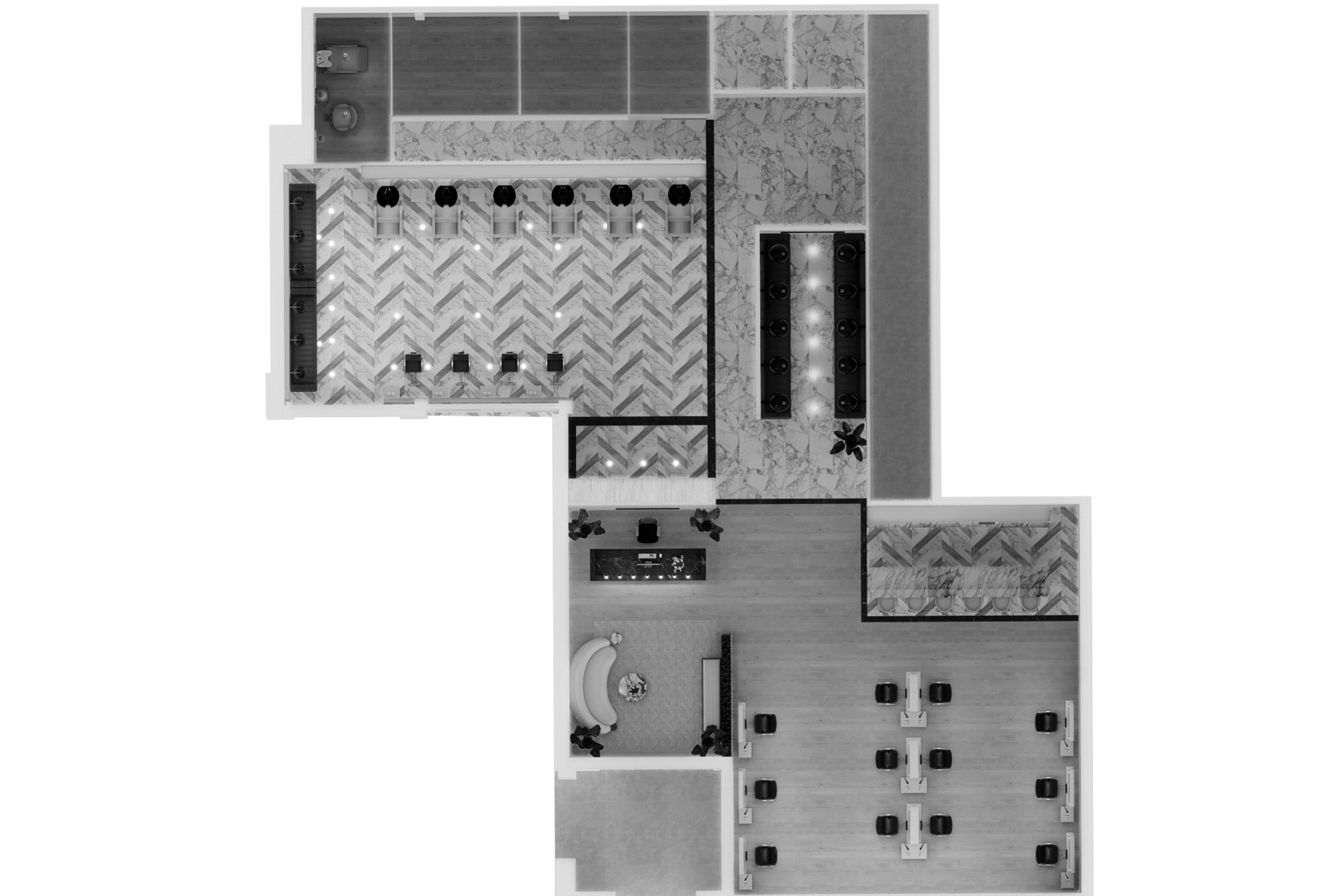The image shows a top-down view of a modern restaurant layout featuring a bar area, dining tables, and a kitchen section.