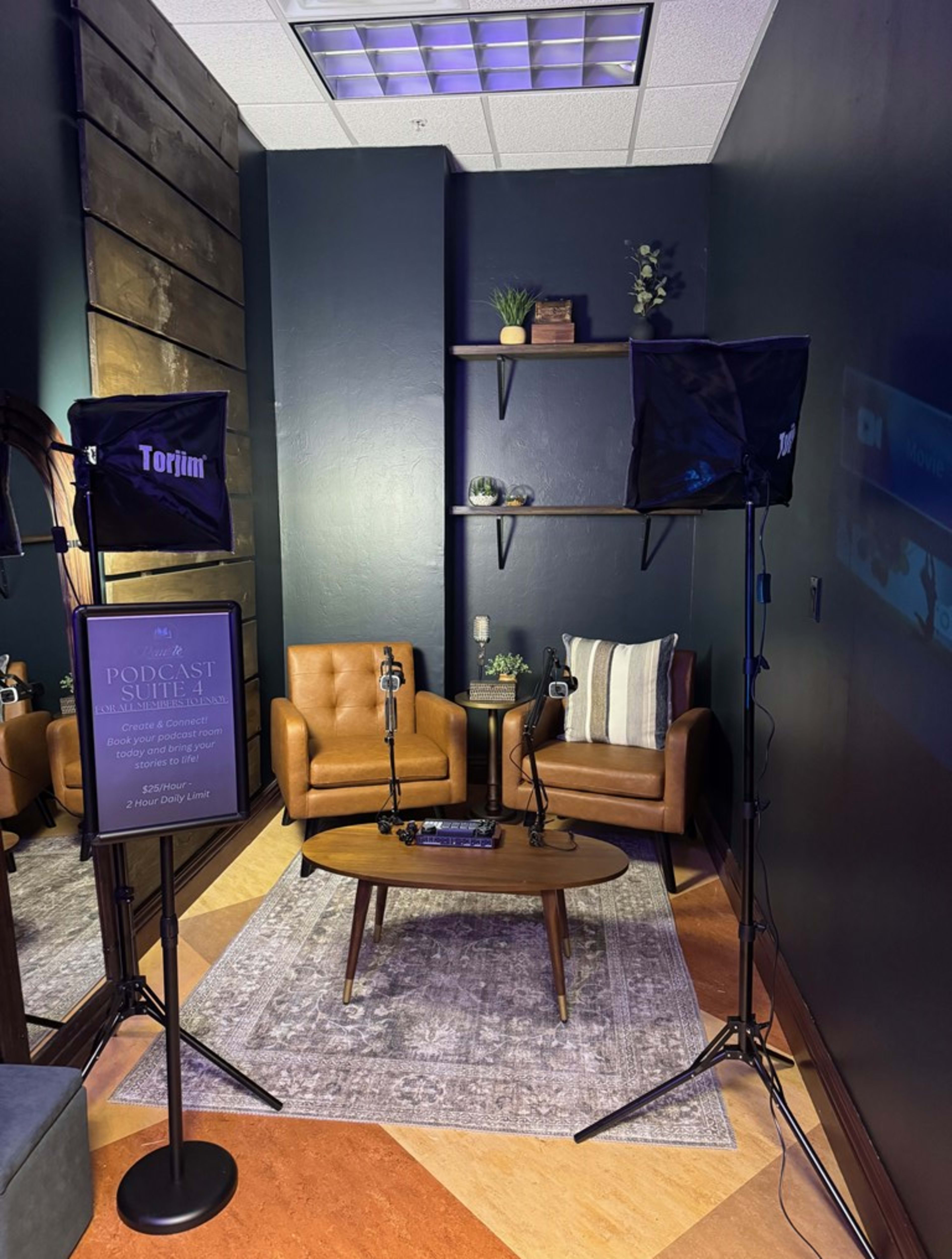 The image shows a cozy podcast studio featuring two brown armchairs, a round coffee table, and equipment for recording, including microphones and softbox lights.