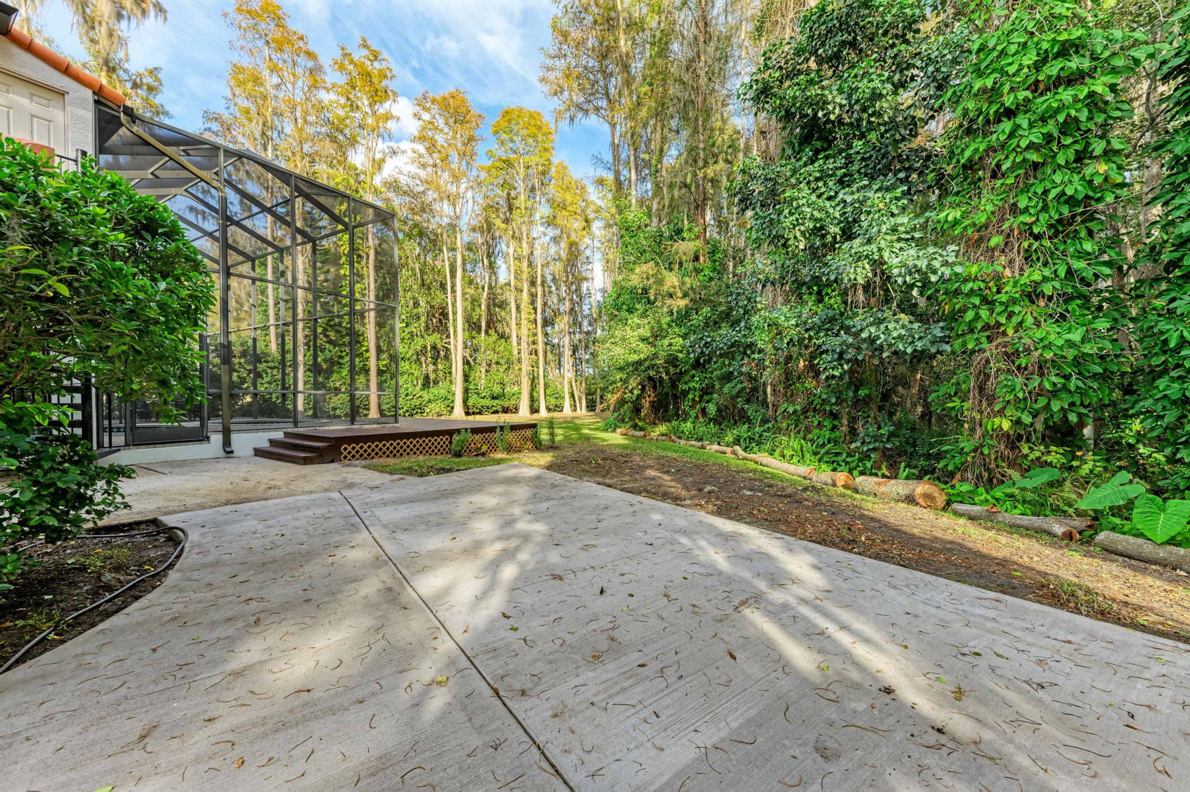 A concrete patio extends from a home, bordered by dense green vegetation and tall trees in the background.