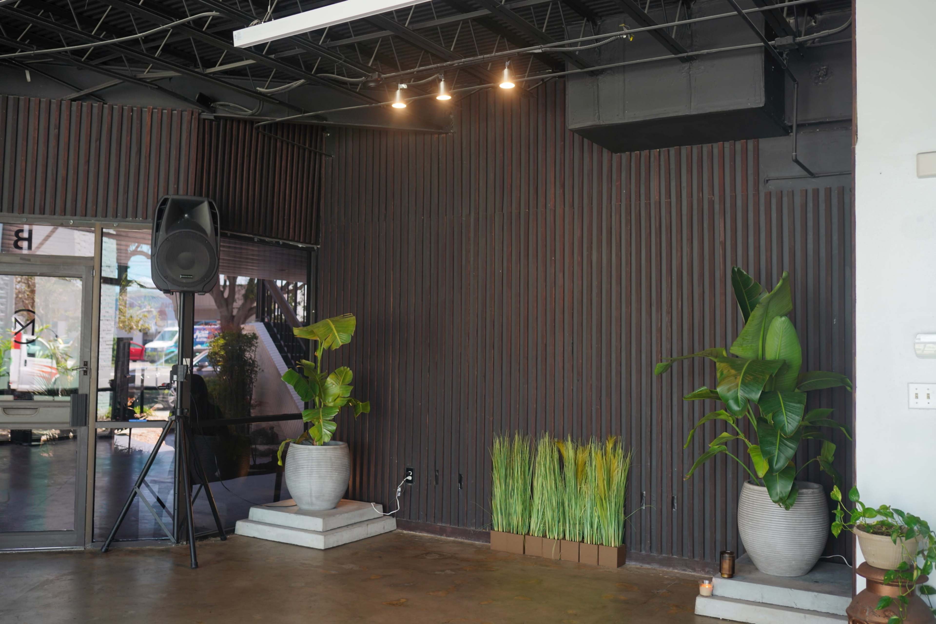 The image shows an indoor space with a dark wooden accent wall, a speaker on the left, two large potted plants, and a strip of artificial grass in boxes on a pedestal.