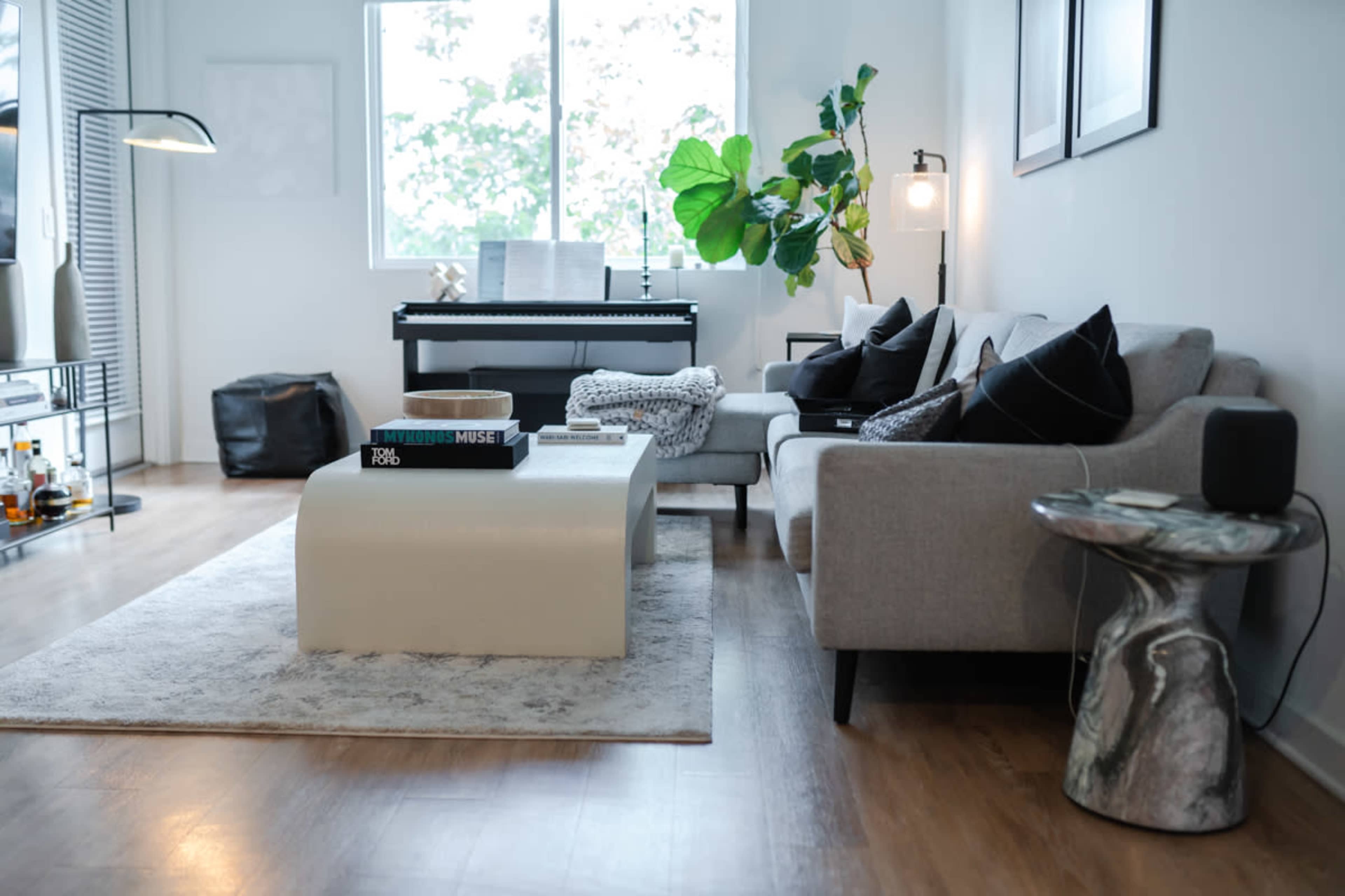 A modern living room with a gray sofa, a glass coffee table, a leafy plant, and a piano positioned near a large window.