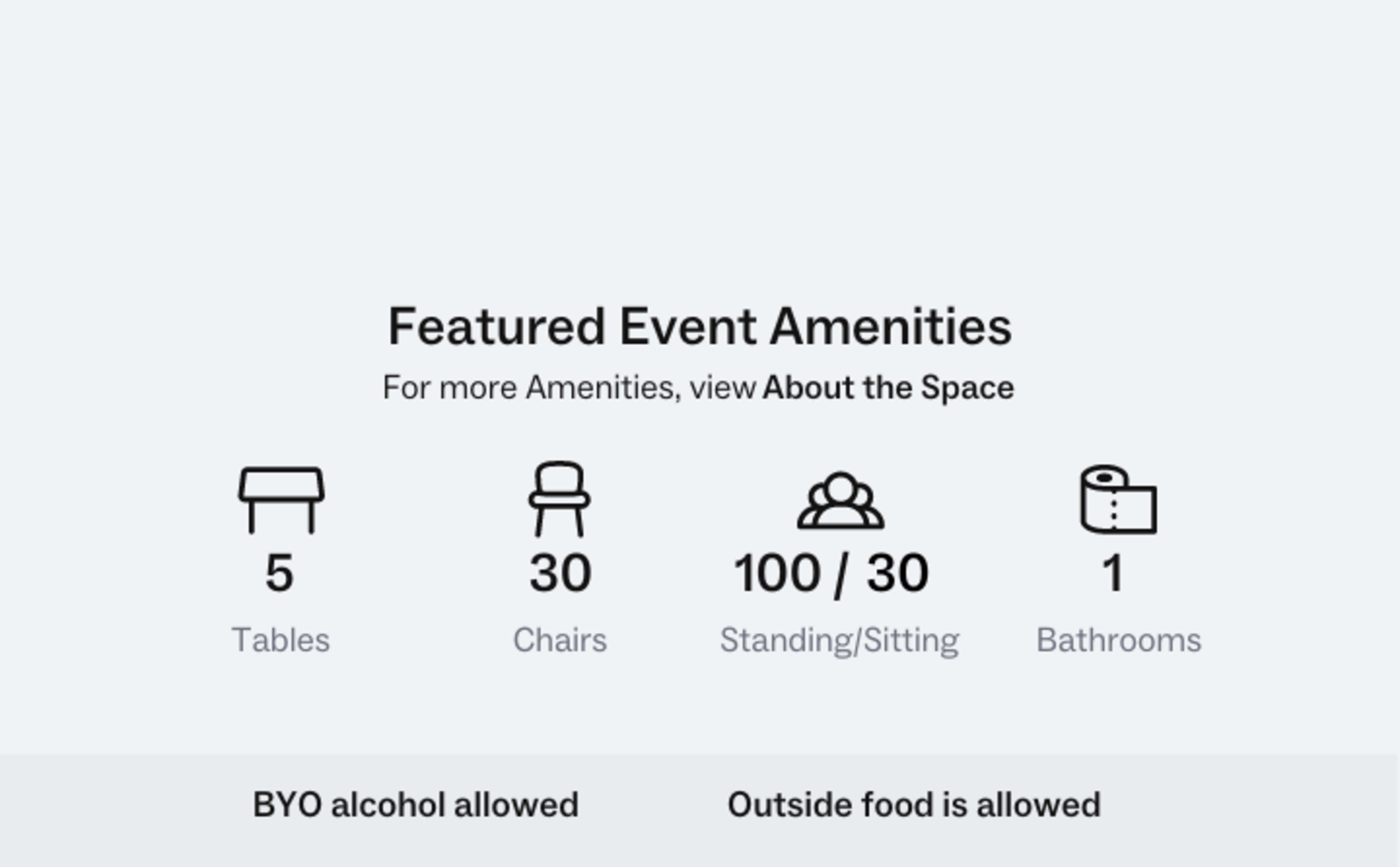 Details about featured event amenities, including five tables, thirty chairs, a capacity for one hundred standing or thirty sitting guests, and one bathroom.