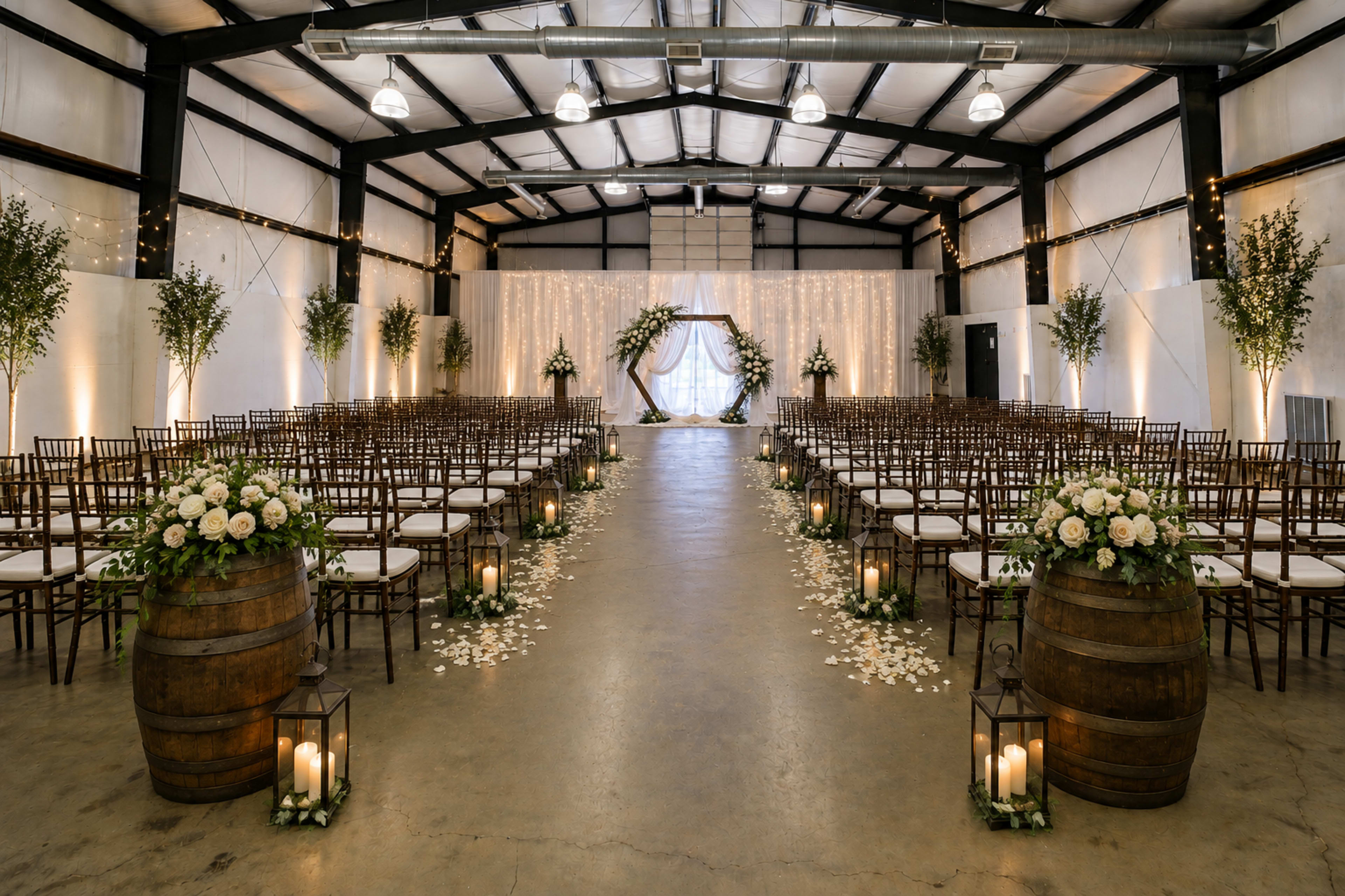 The image depicts a wedding ceremony setup inside a large industrial space, featuring rows of wooden chairs, floral arrangements, and decor including barrels and candles.