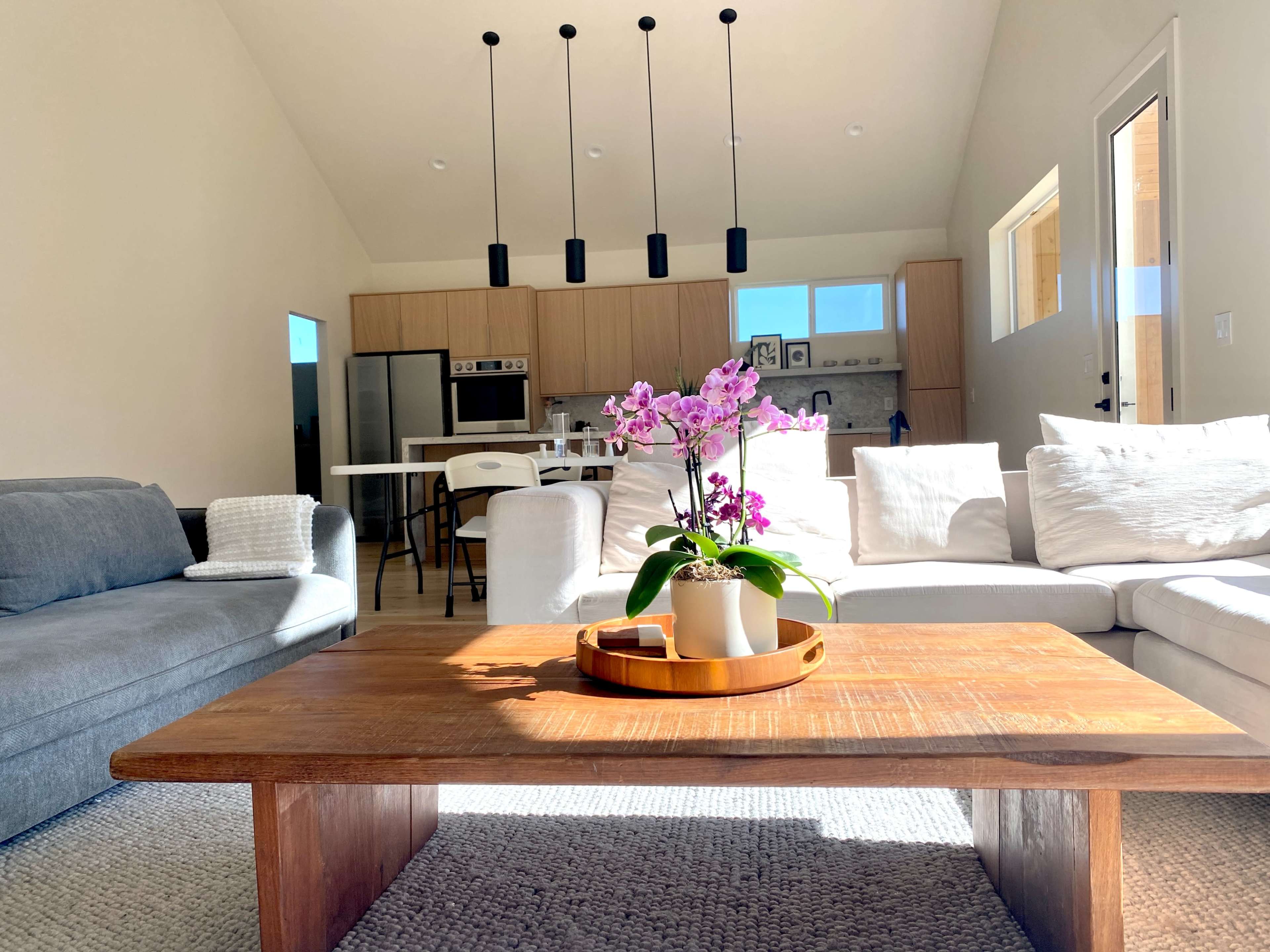 A modern living area features a wooden coffee table with a potted orchid, surrounded by gray and white sofas, and a kitchen area in the background.
