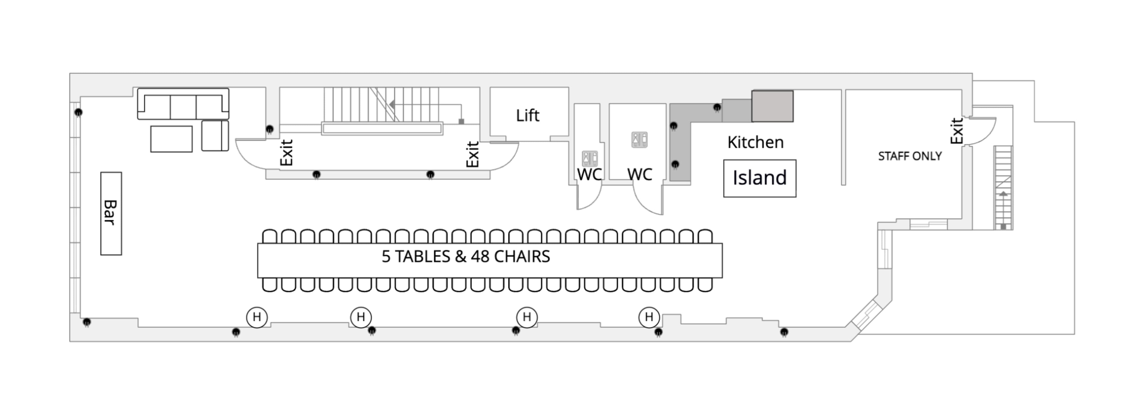 The image is a floor plan of a space featuring a bar area, kitchen with an island, and seating arrangements consisting of five tables with 48 chairs, along with marked exits and restrooms.