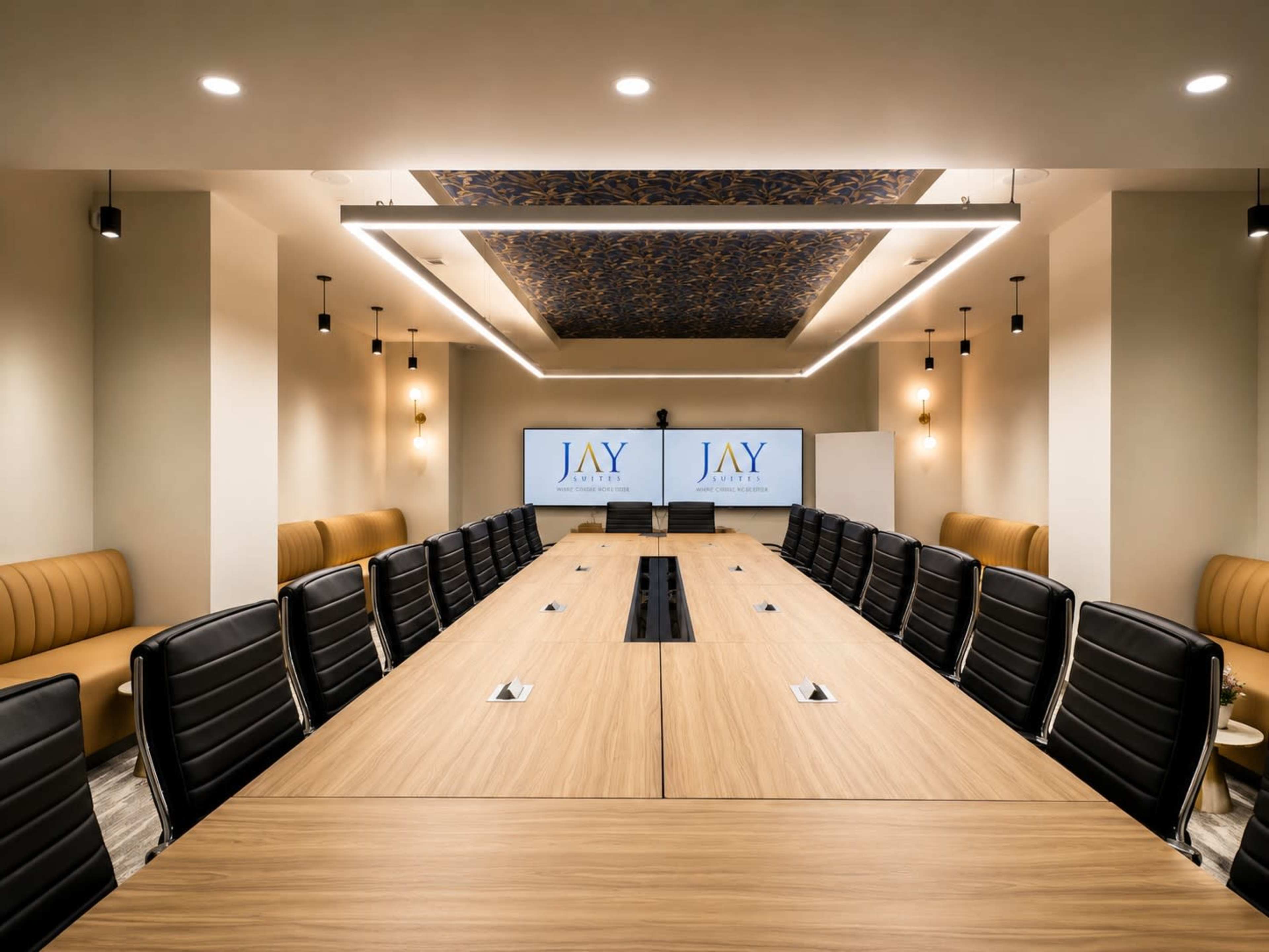 A modern conference room features a long wooden table surrounded by black chairs, with two large screens displaying the name "JAY" on the wall.
