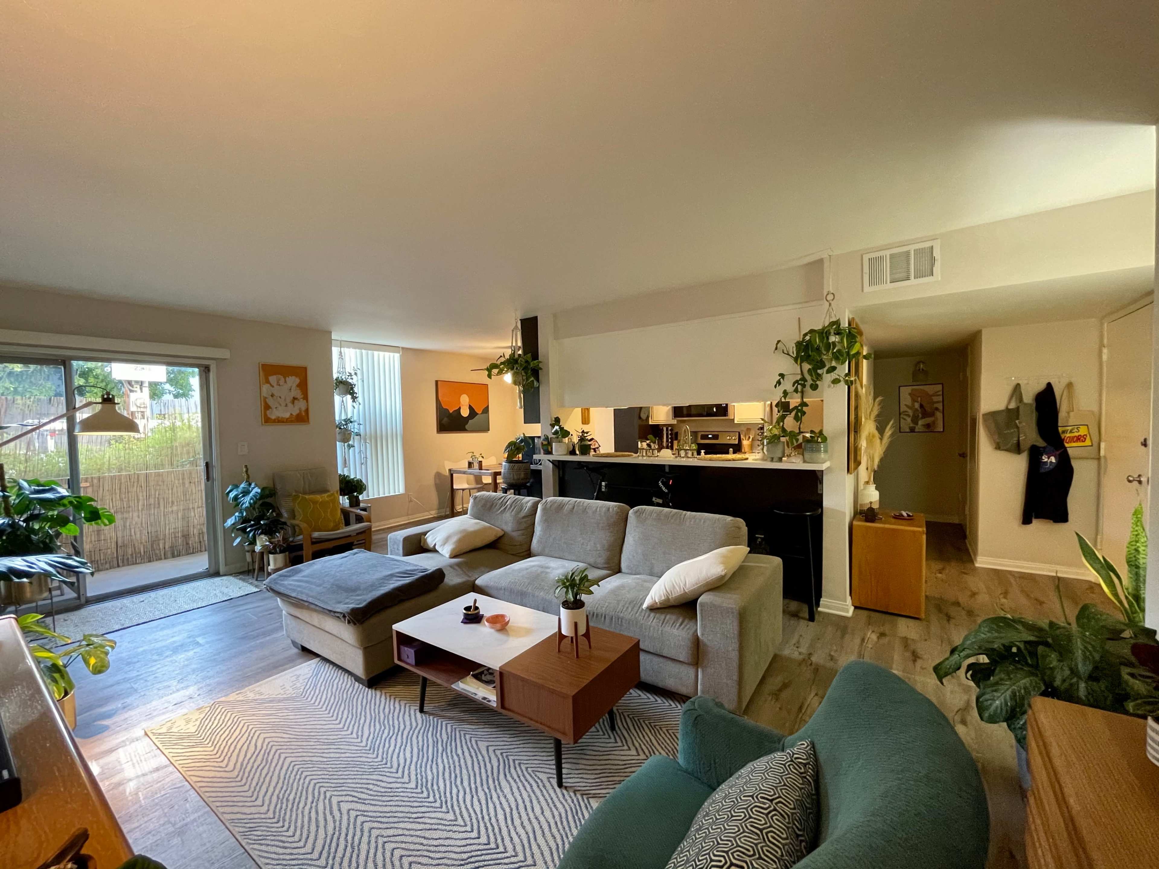 A modern living room features a gray sectional sofa, a wooden coffee table, various houseplants, and a sliding glass door leading to an outdoor space.