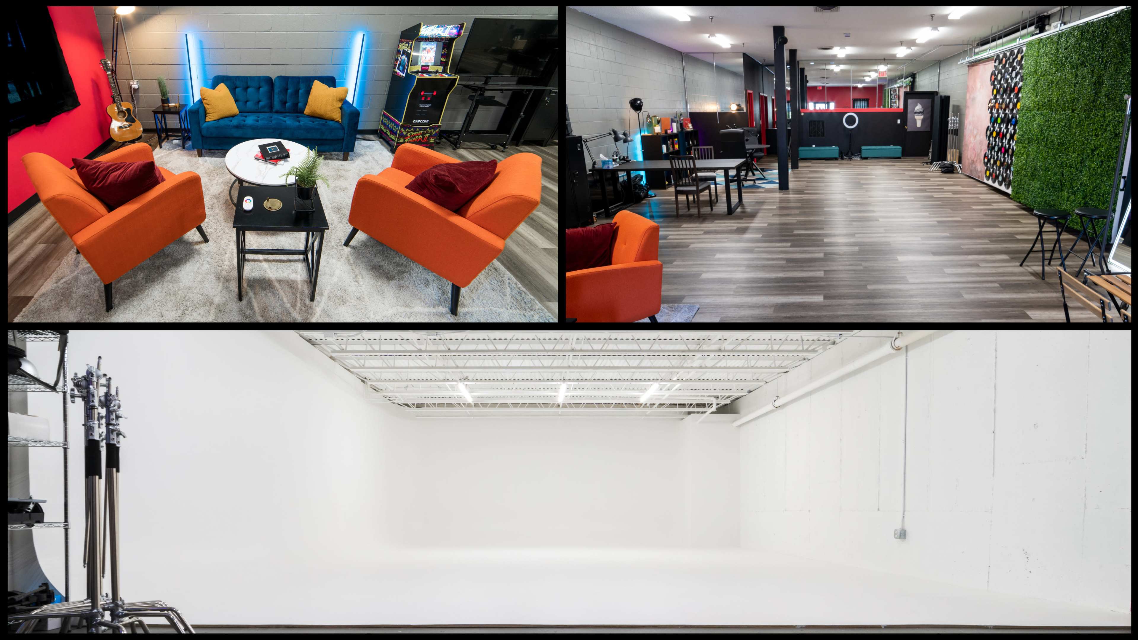 Three different interior spaces: an inviting lounge area with colorful seating and arcade games, a versatile workspace with multiple stations and vibrant decor, and a spacious, empty white studio.