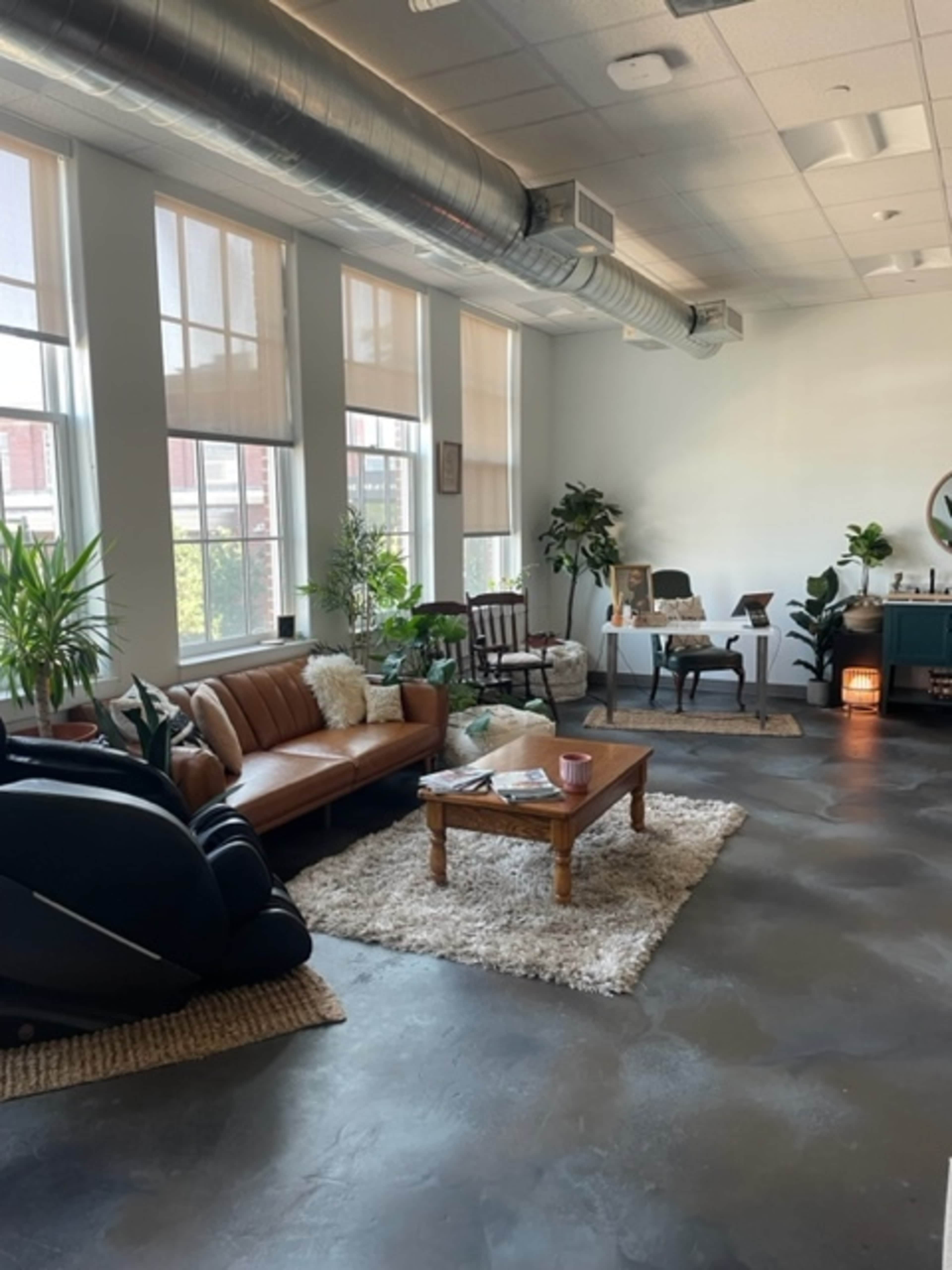 A spacious, modern room featuring a brown leather sofa, a wooden coffee table on a light rug, and several plants scattered throughout the space.