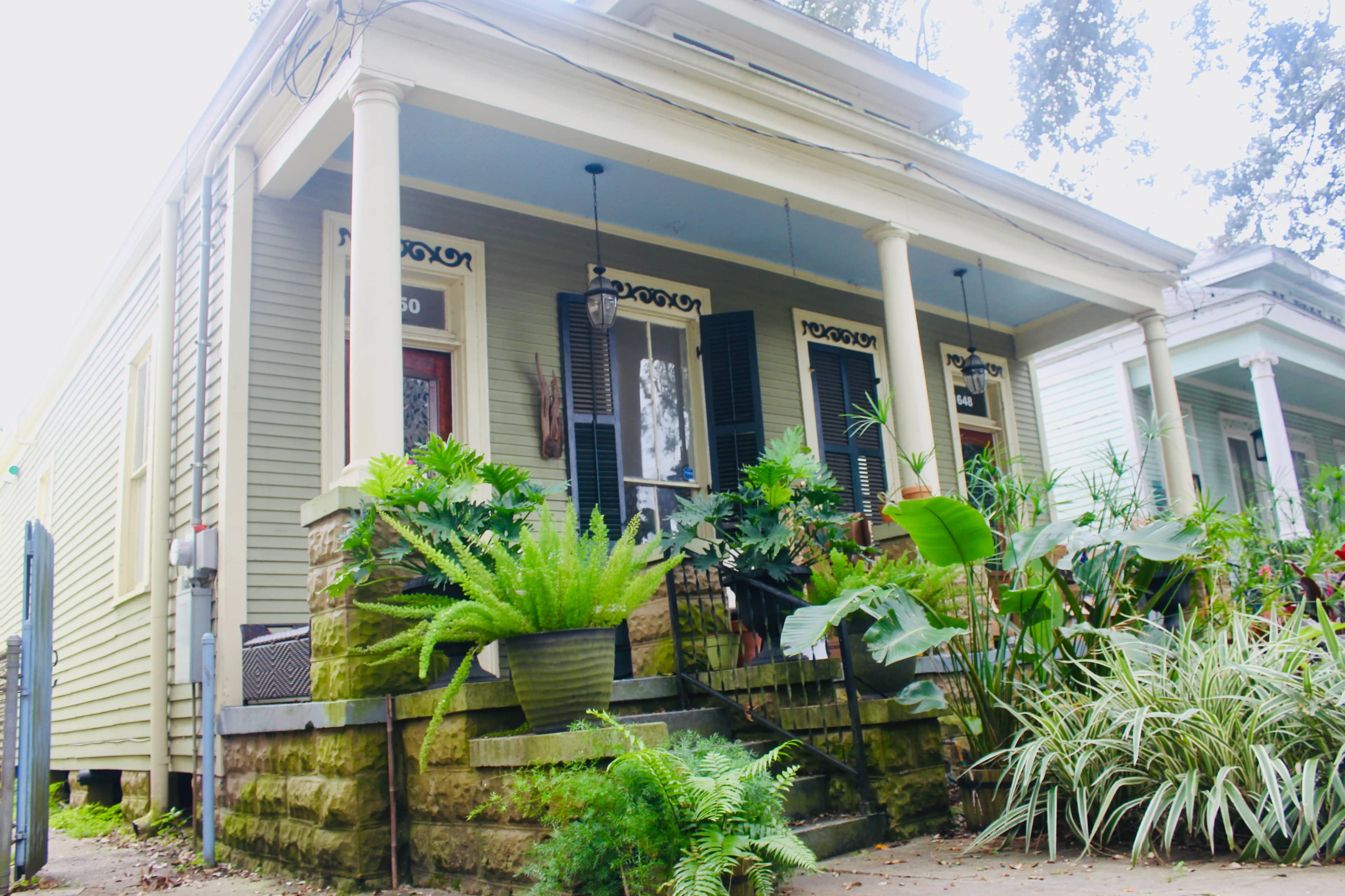 A historic house with a porch and decorative columns is surrounded by various green plants and shrubs.