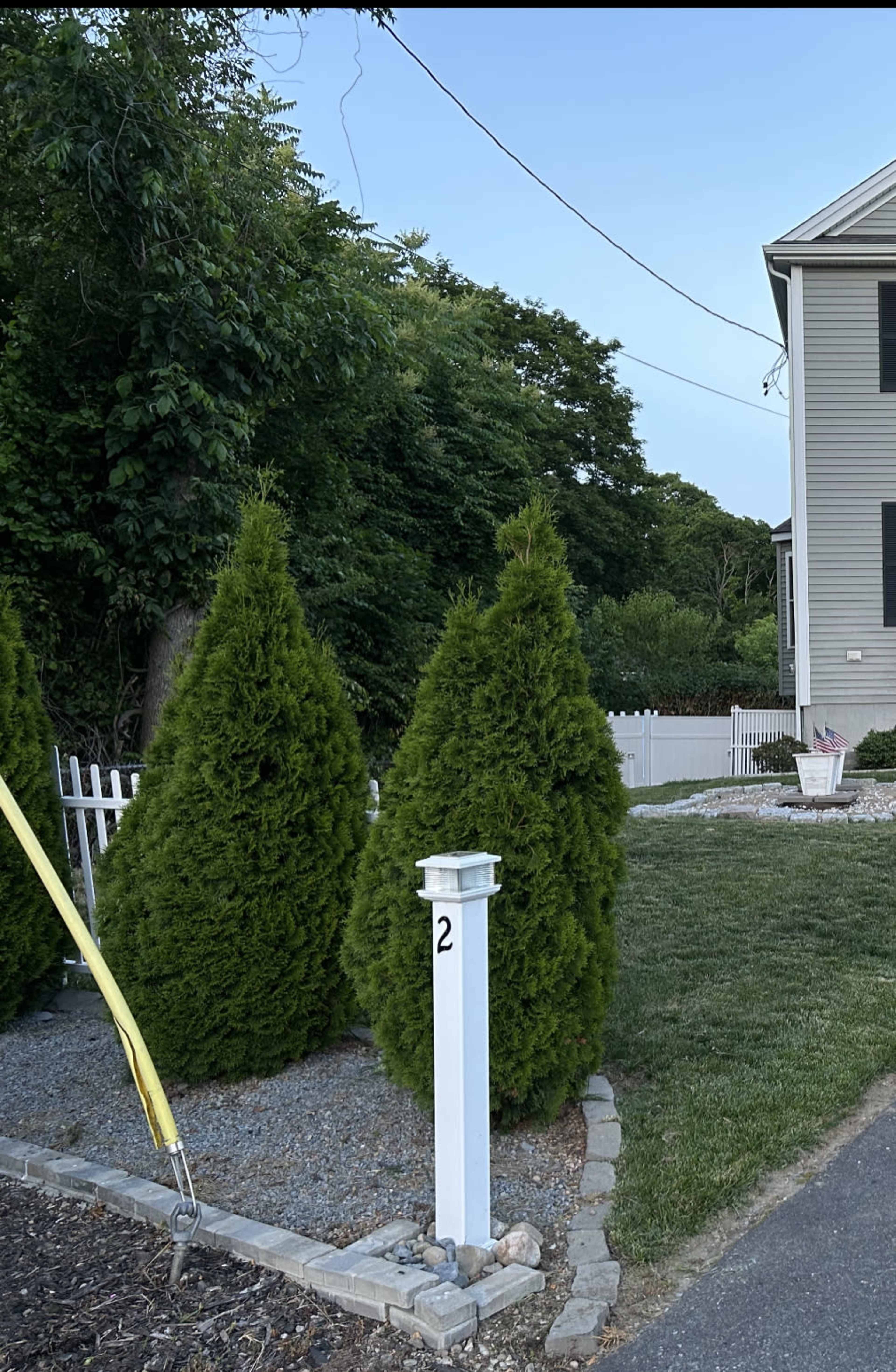 Two tall, conical evergreen shrubs next to a white mailbox marked "2," with a house and a fenced area in the background.