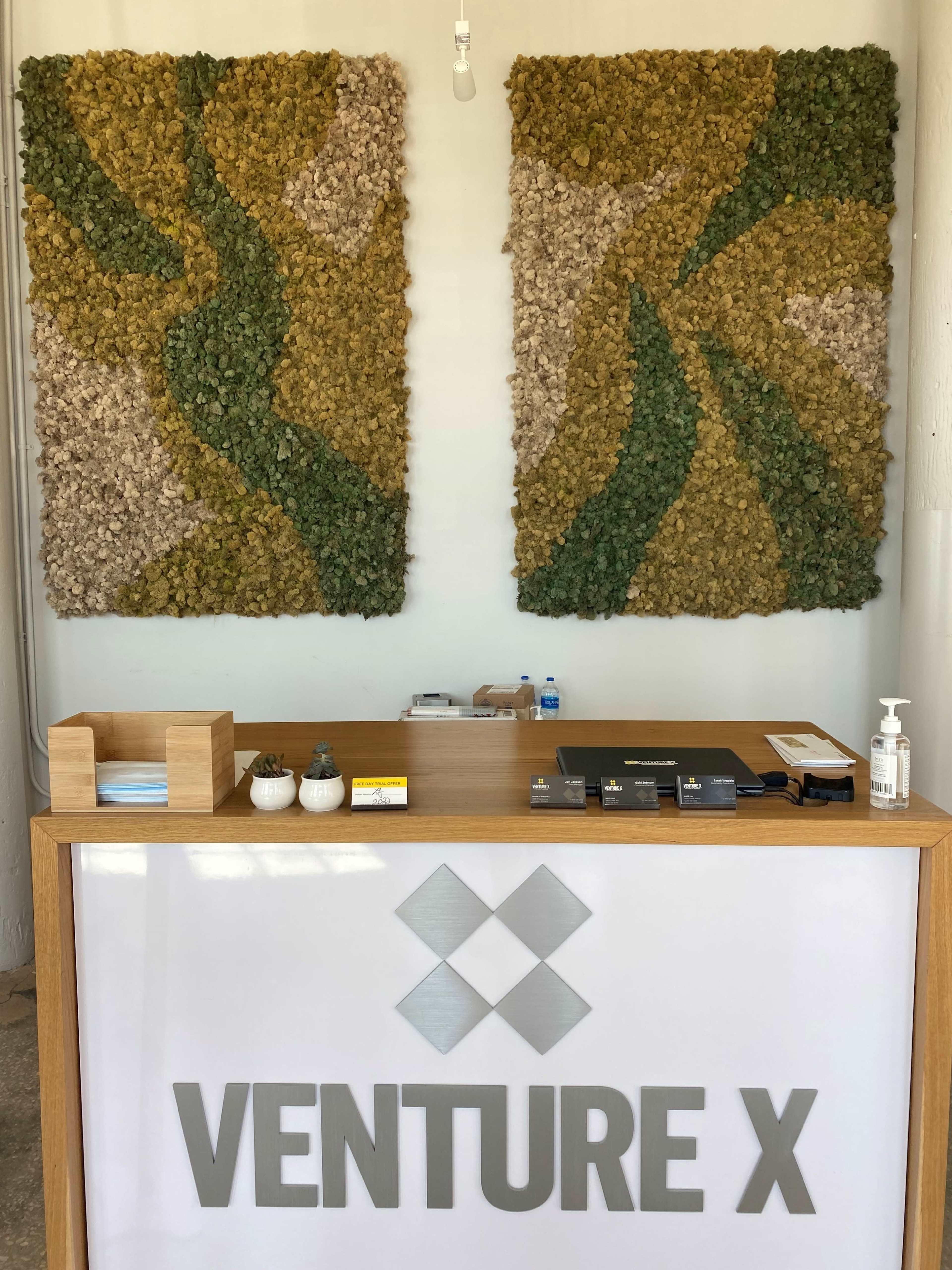 A wooden reception desk displays the logo "Venture X," flanked by two large, textured wall art panels made of greenery.