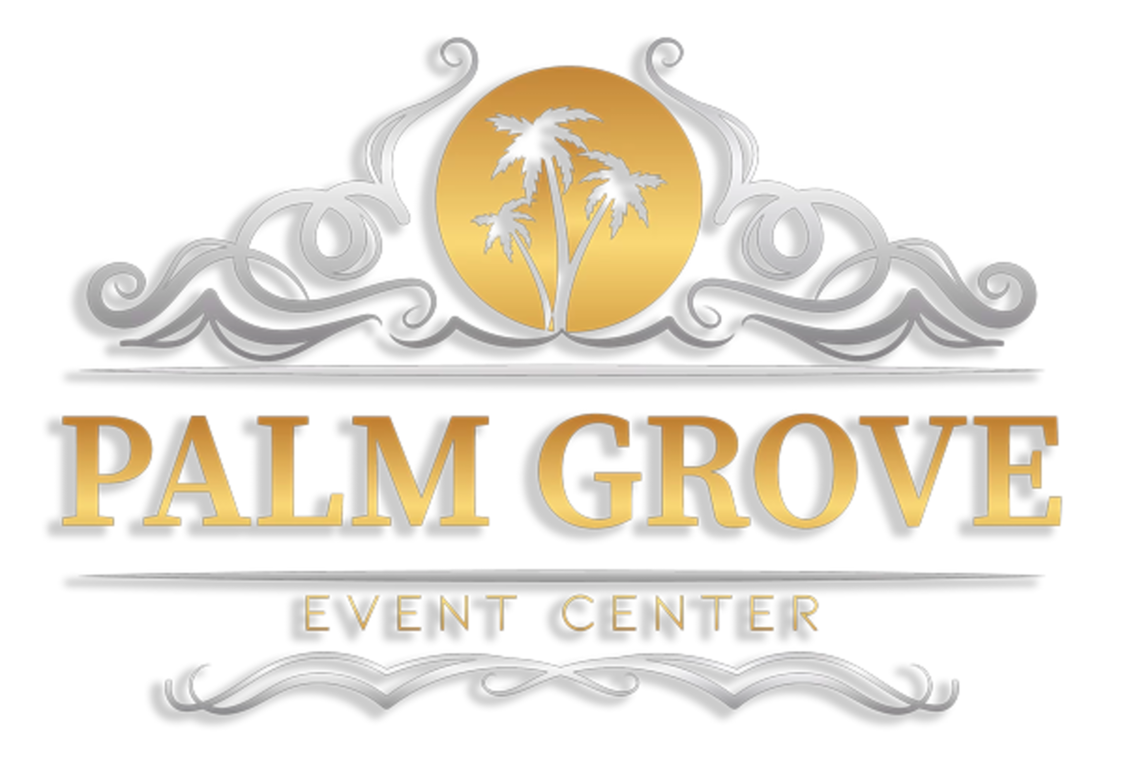 The image features a logo for "Palm Grove Event Center," showcasing stylized palm trees and a gold and silver color scheme.