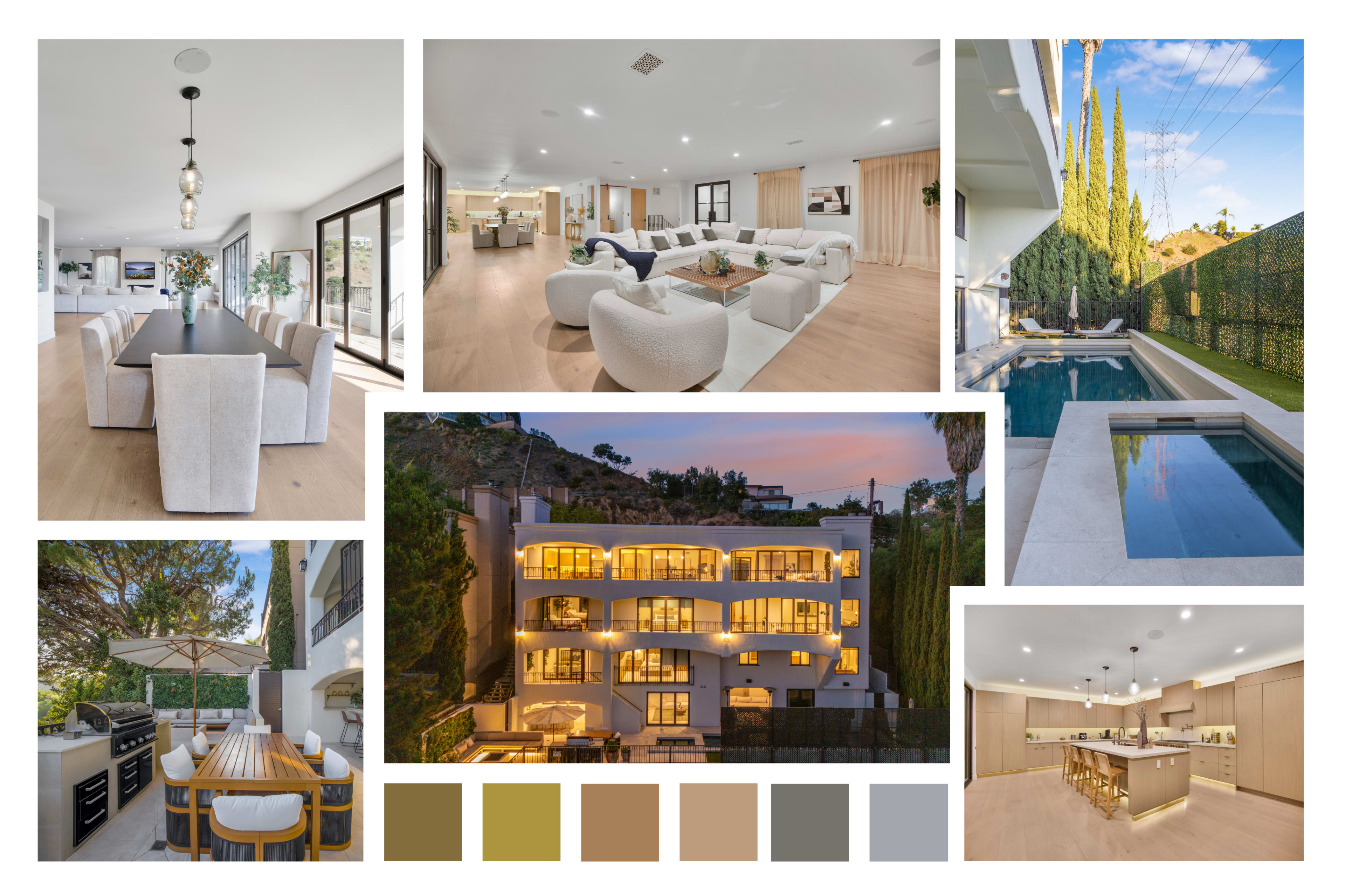 The image features a collage of modern home interiors and exteriors, showcasing spaces like a living room, dining area, kitchen, and a poolside view.