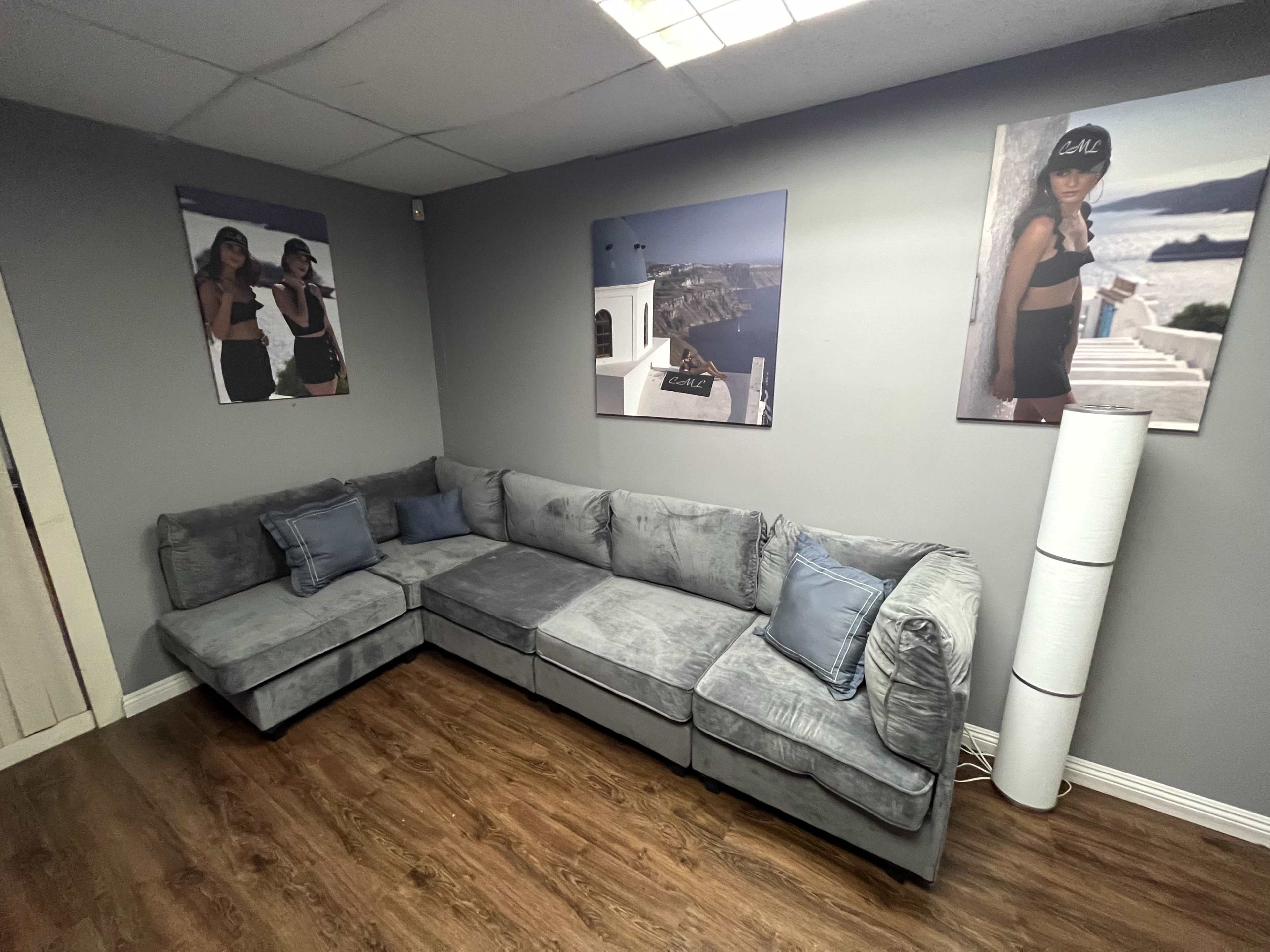 The image shows a gray sectional couch in a room with wood flooring, decorated with two large photographs on the wall and a tall, white lamp.