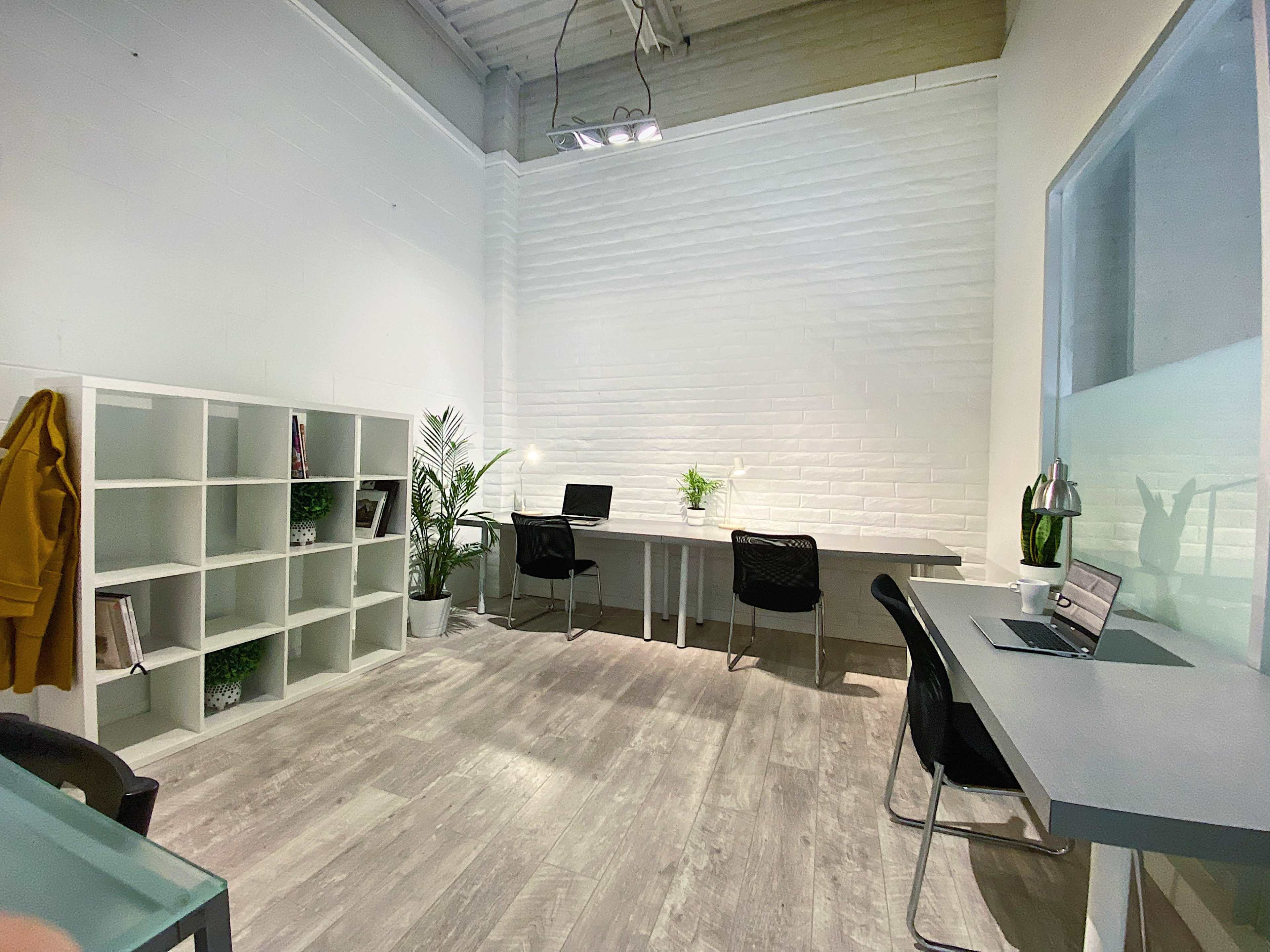The image shows a bright, modern office space with two desks, a bookshelf, and a plant.