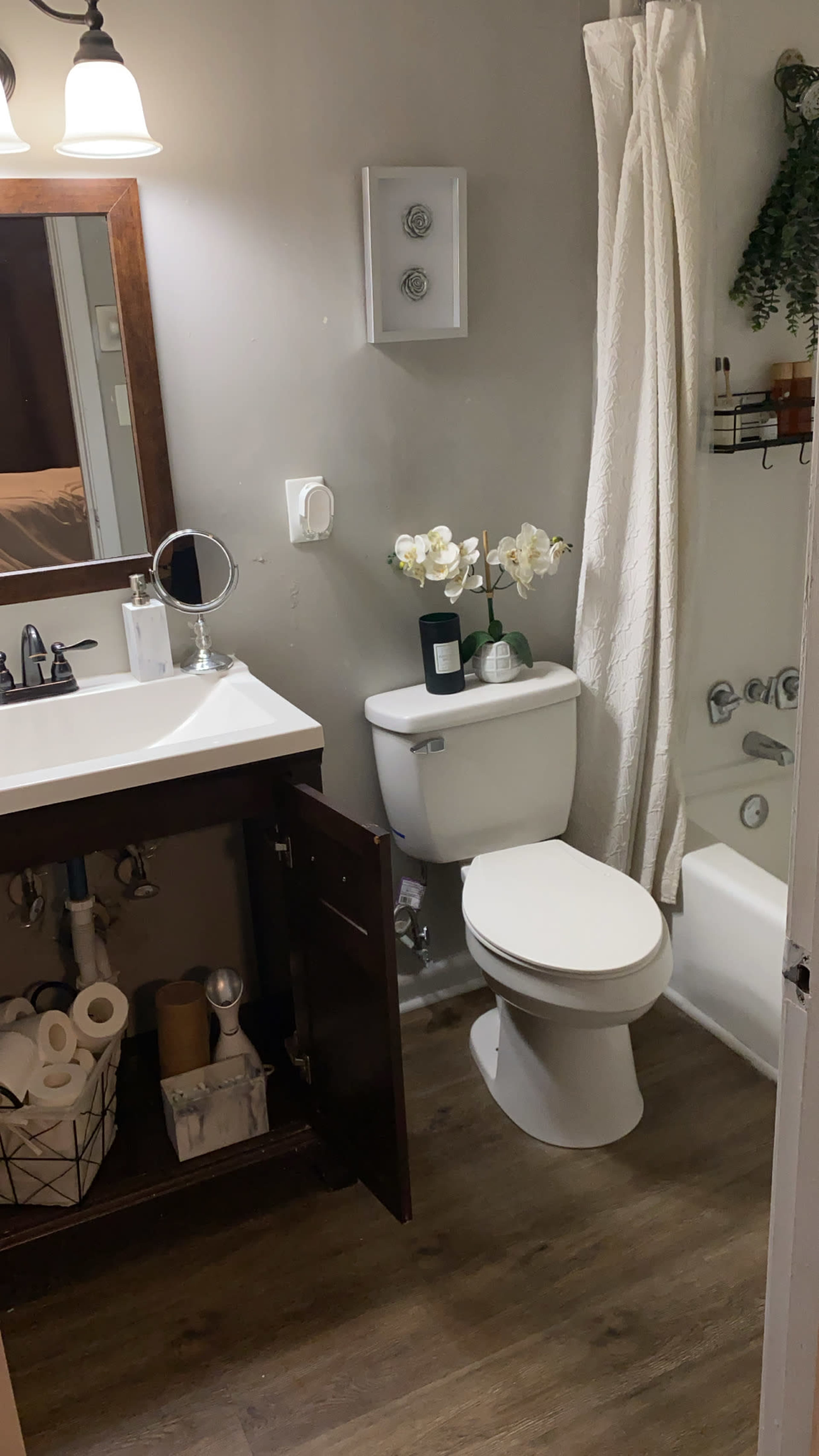 A small bathroom features a white sink, toilet, and bathtub, with a brown cabinet underneath and decorative plants on the counter.