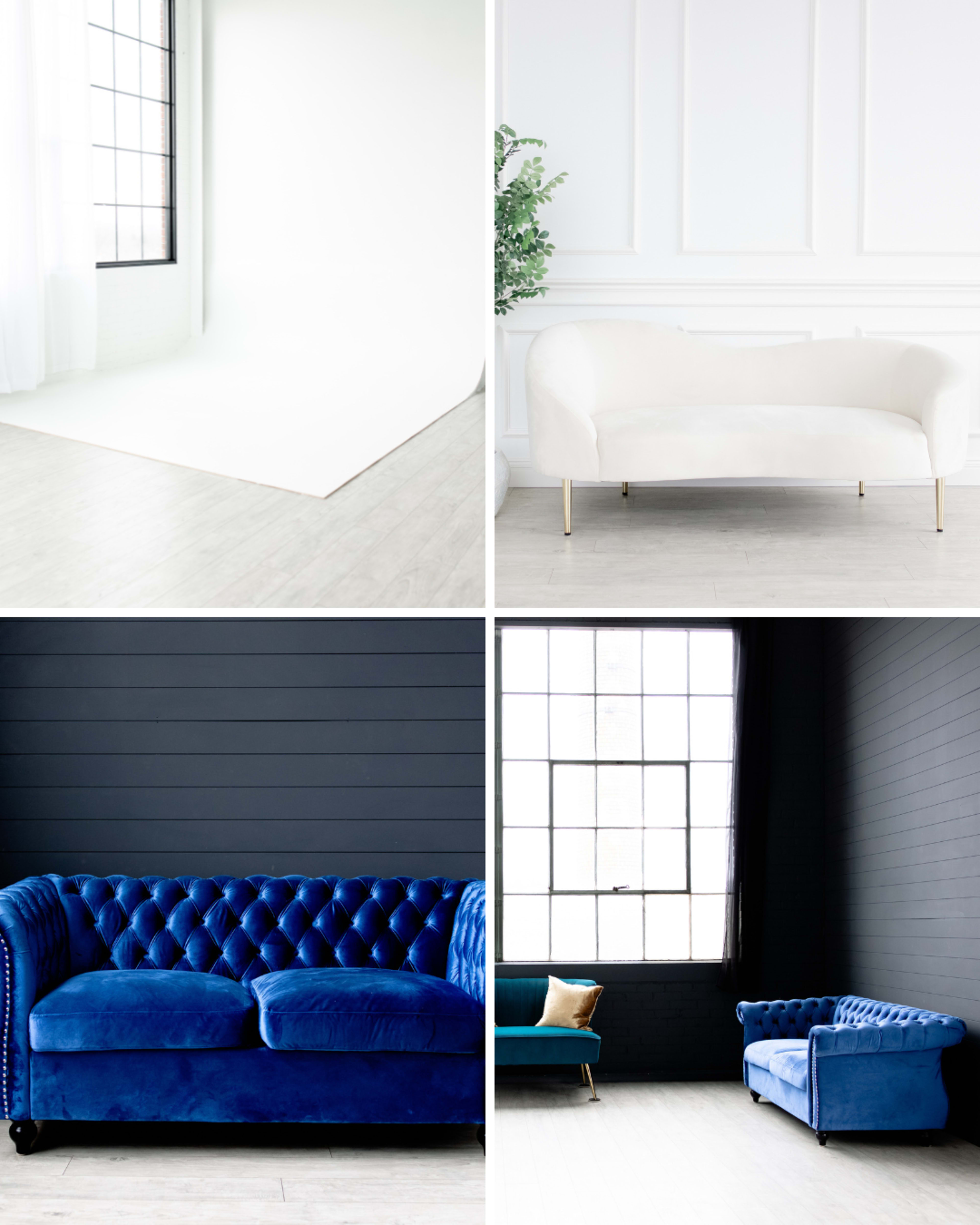 The image shows four distinct seating arrangements in various indoor settings, featuring a white couch, a blue tufted couch, and two different background colors.