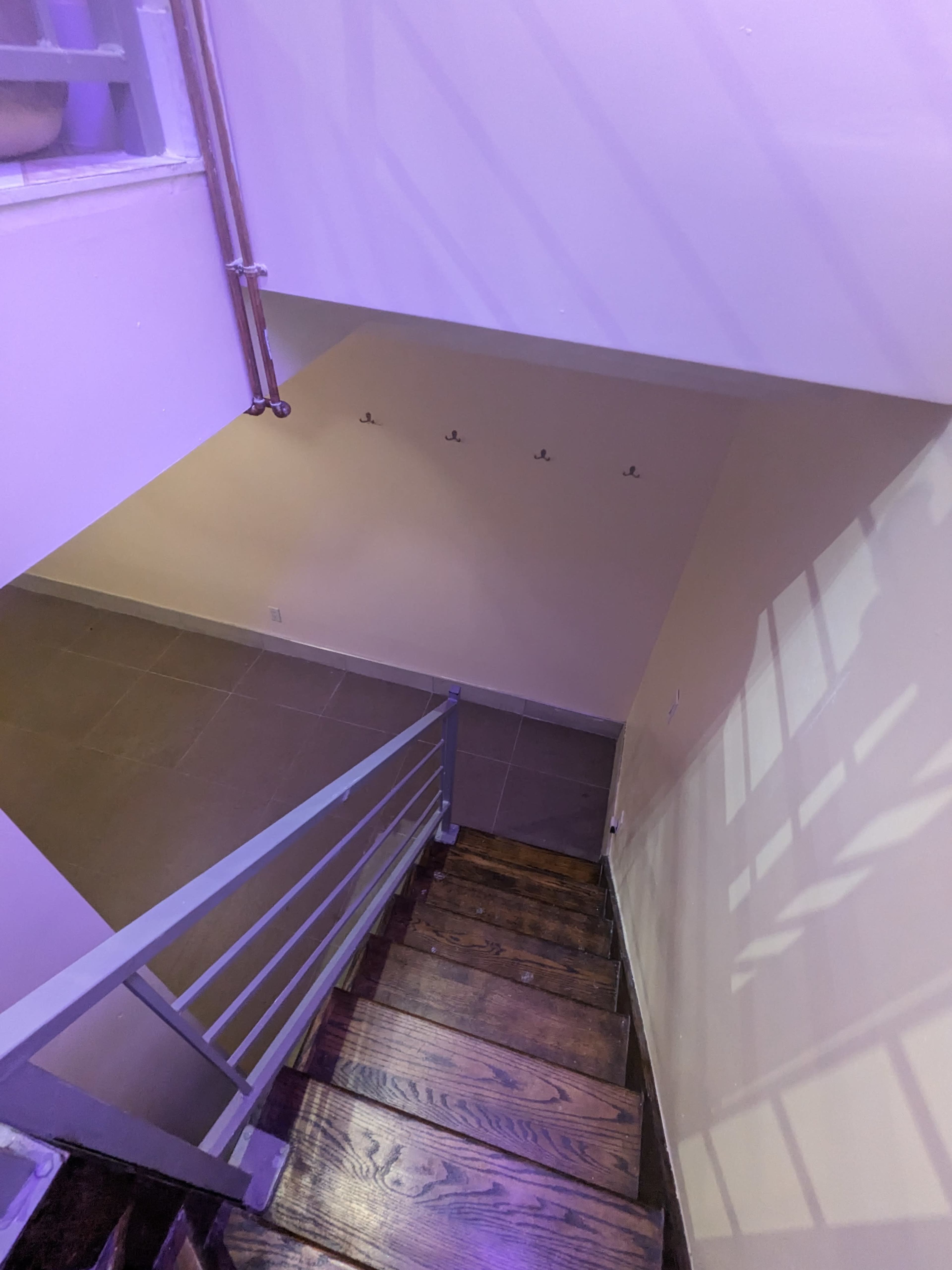 A set of wooden stairs leads down to a minimalistic area with a wall featuring several hooks.