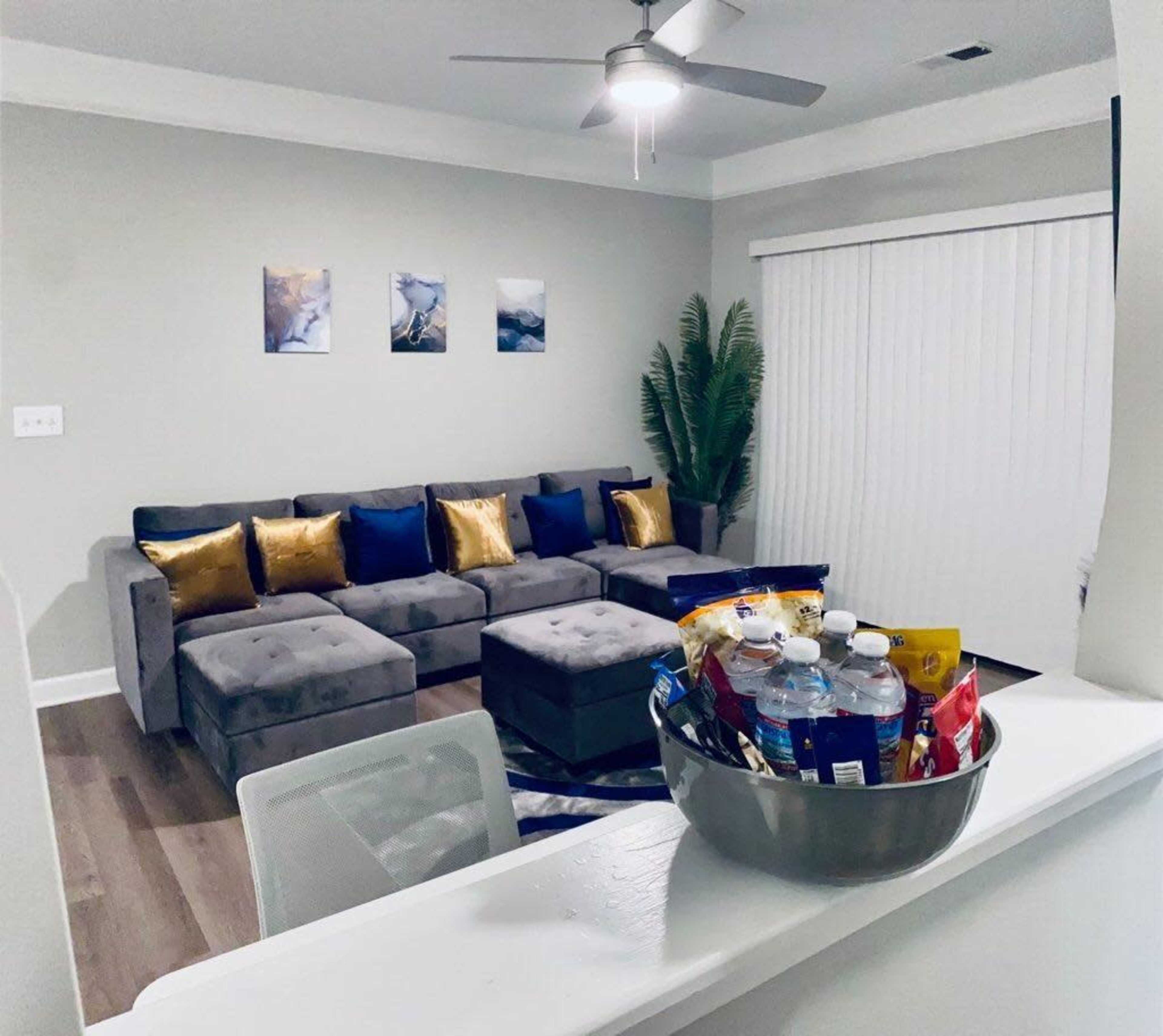 A living room features a gray sectional sofa with blue and gold decorative pillows, a potted plant in the corner, and a bowl of snacks and drinks on a kitchen counter.