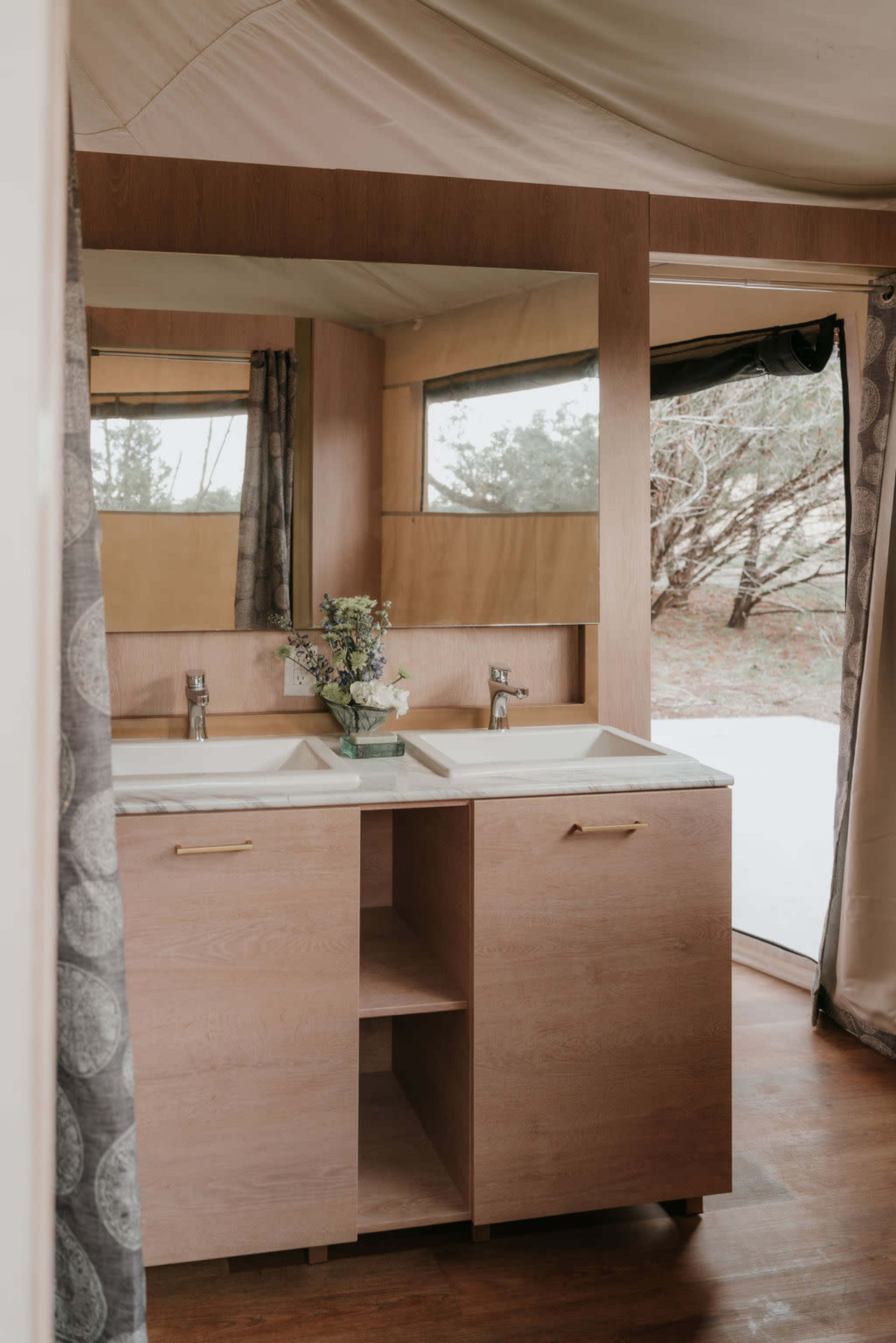 A wooden bathroom vanity with two sinks, a decorative plant in the center, and large windows allowing natural light to enter the space.