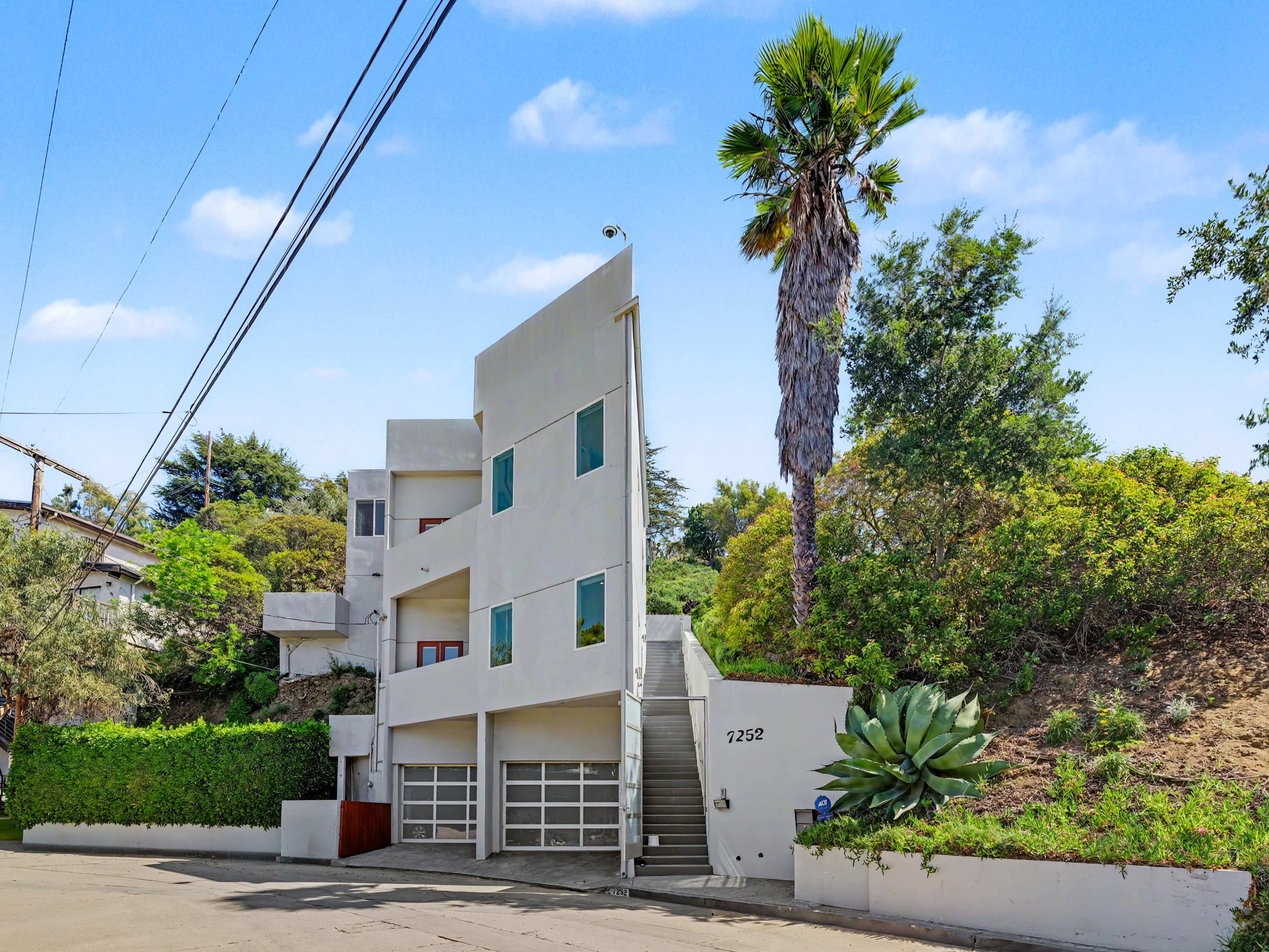 A modern, three-story white building with large windows and a palm tree is situated beside a sloped green landscape and a quiet street.