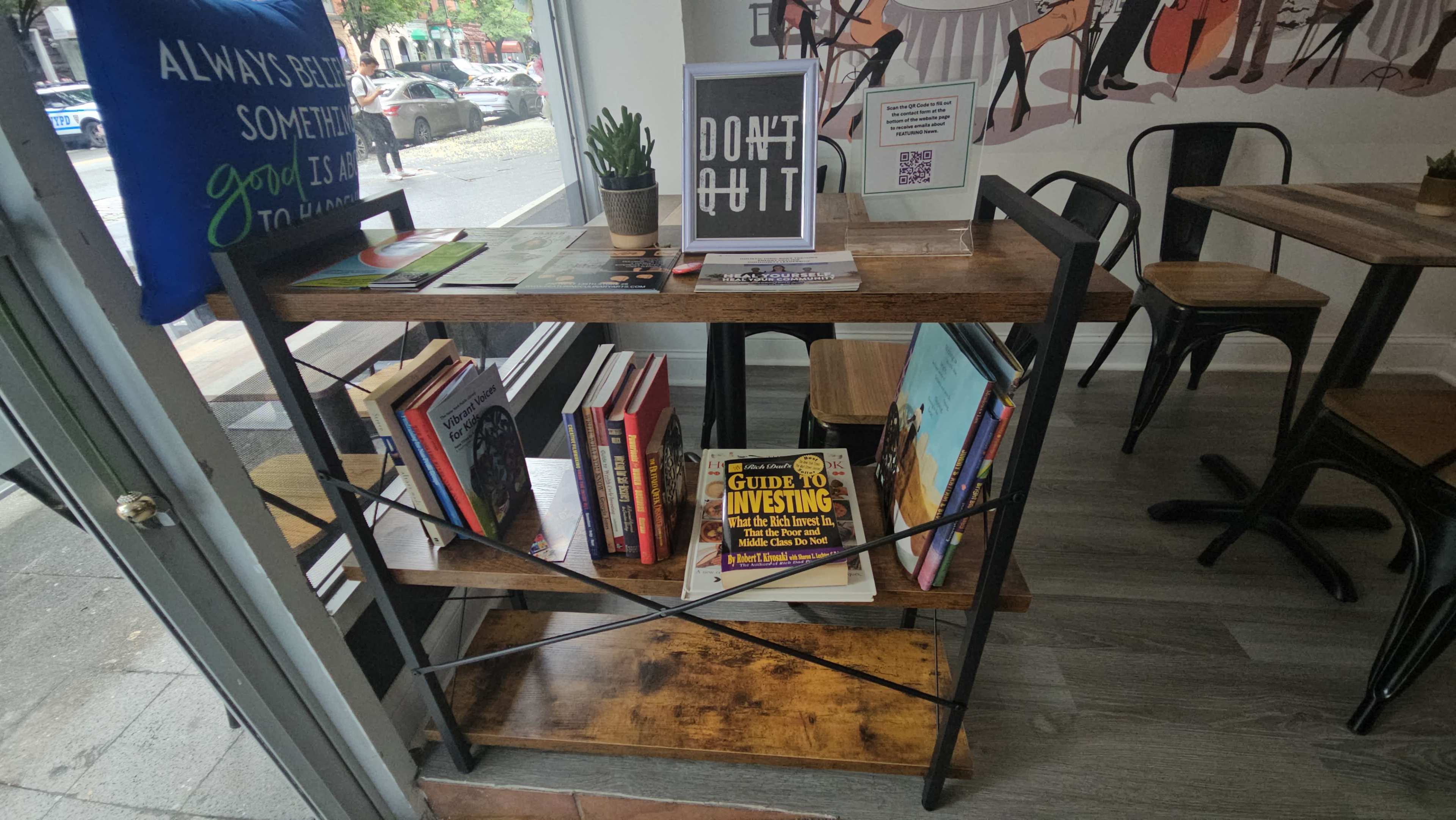 Harlem business and residential street, next to a NYPD Precinct, warm and cozy decor, inspiring manifestation of dreams. Image in Harlem, New York, NY