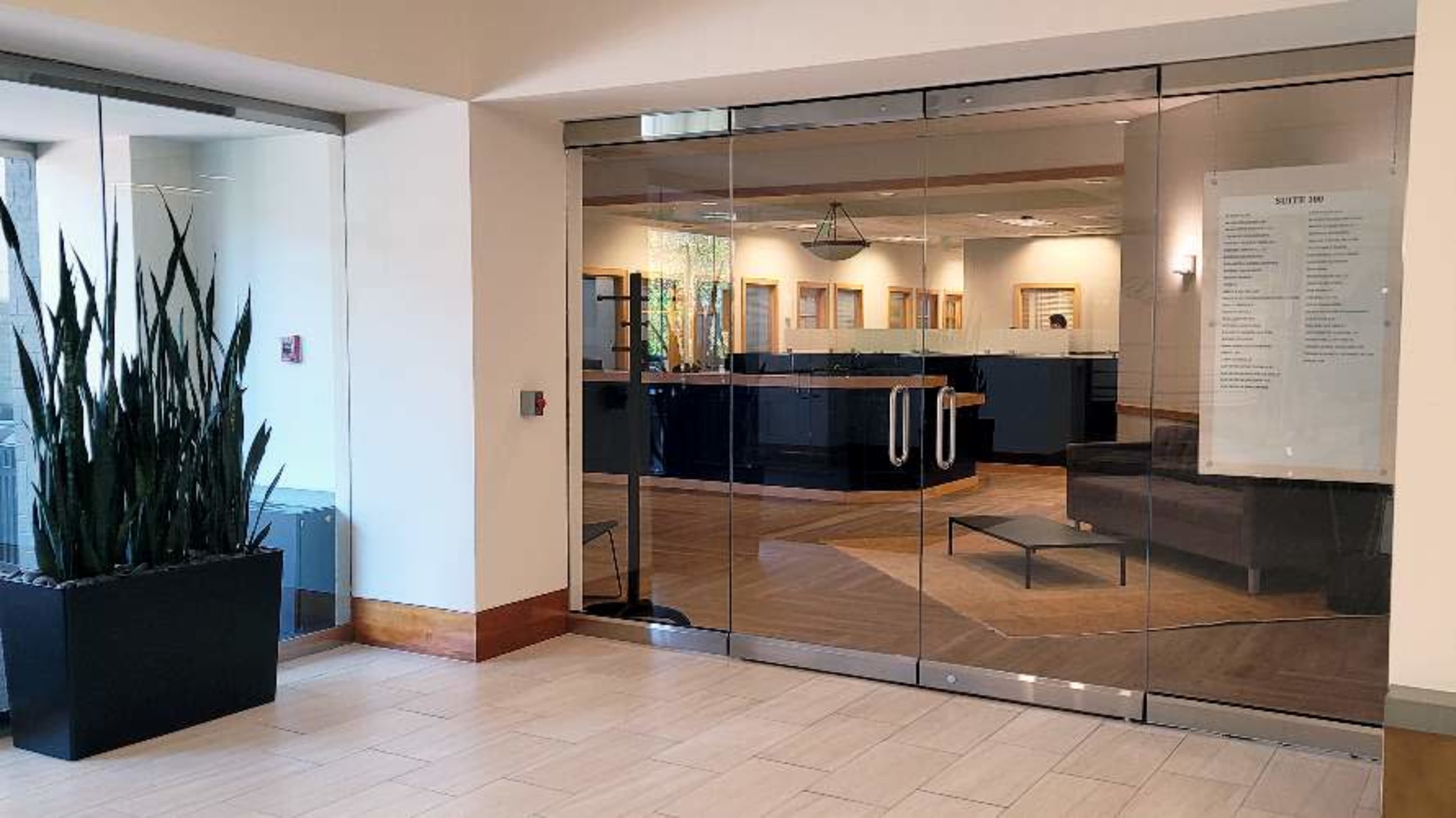 A modern lobby area with large glass doors leading to an interior space, accompanied by a tall plant in a black planter.