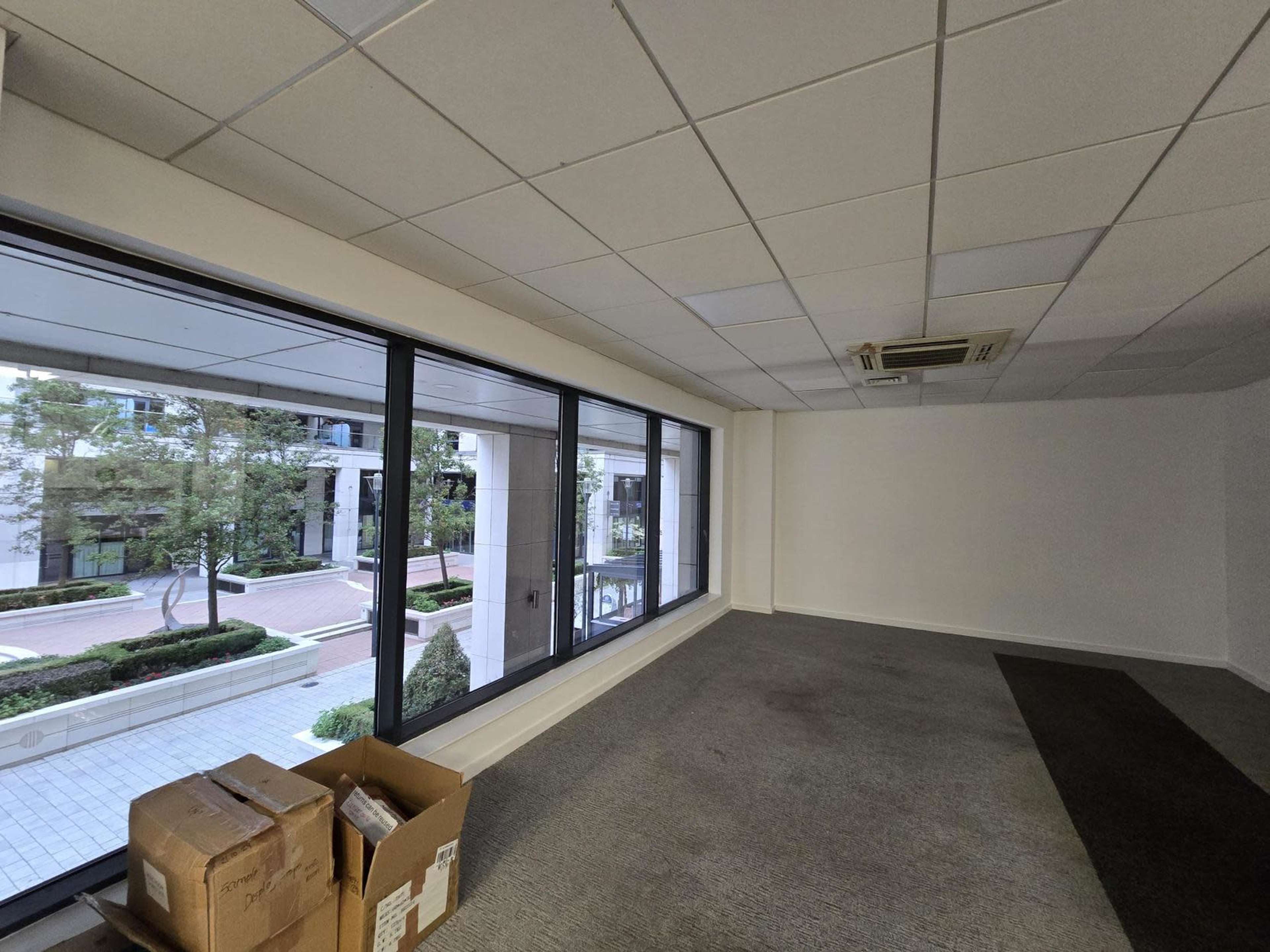 An empty office space features a large window overlooking a landscaped outdoor area, with cardboard boxes placed on the carpeted floor.