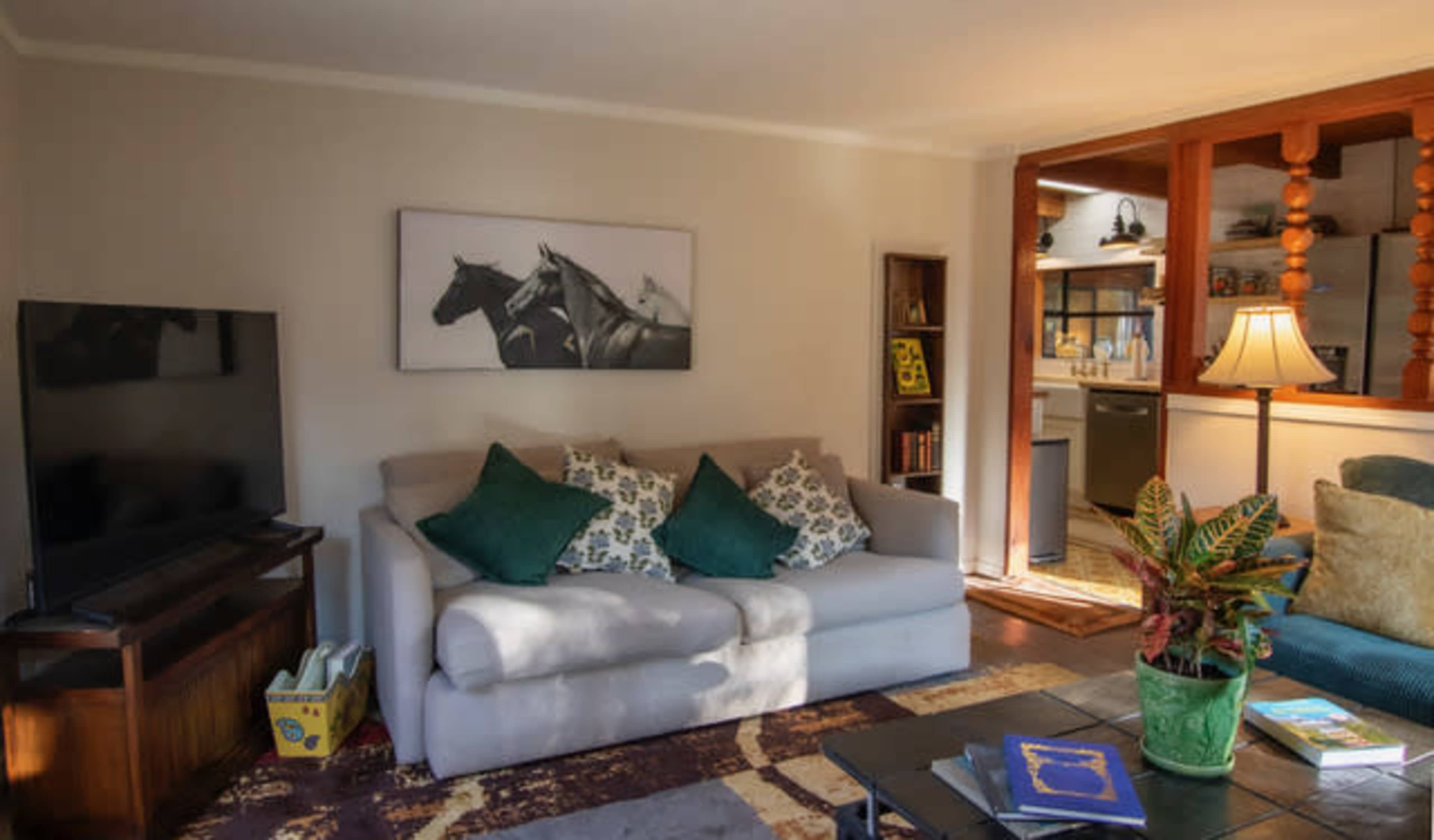 The living room features a light-colored sofa with patterned throw pillows, a flat-screen TV, and a bookshelf, with a view into a kitchen area in the background.