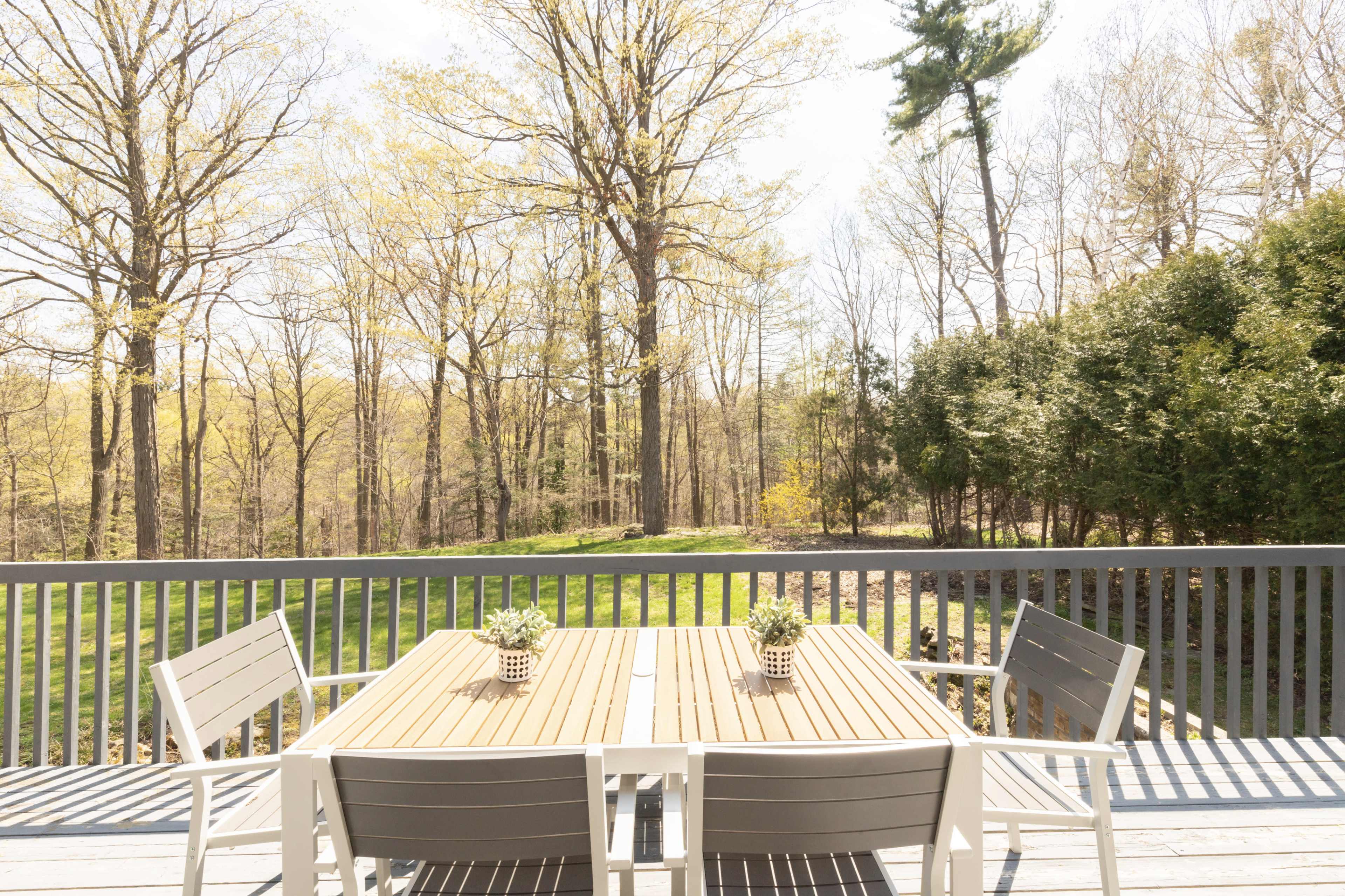 A wooden deck features a table and chairs with potted plants, overlooking a wooded landscape in early spring.