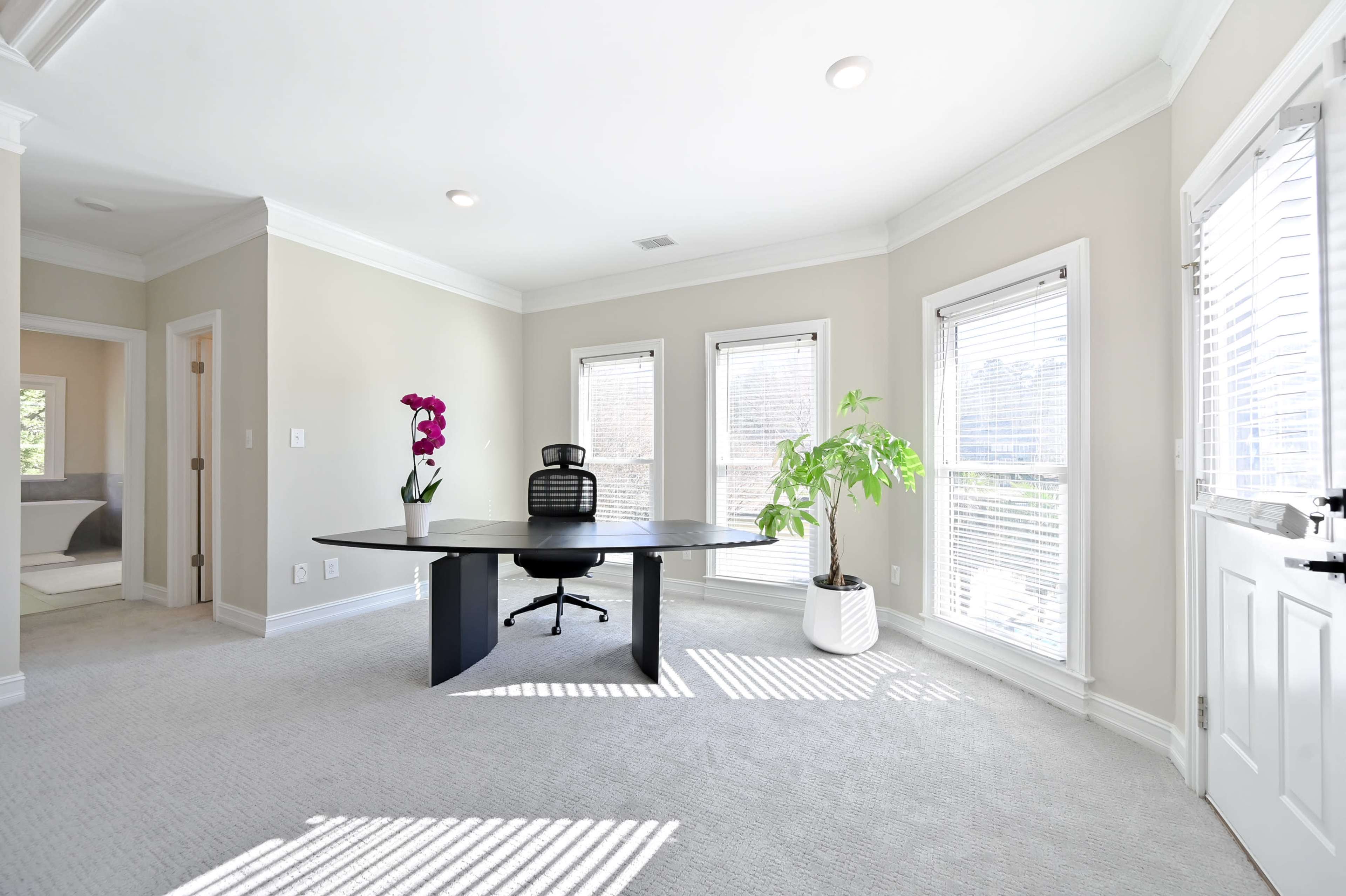 A spacious office with a black desk and chair, large windows allowing natural light, and a potted plant in one corner.