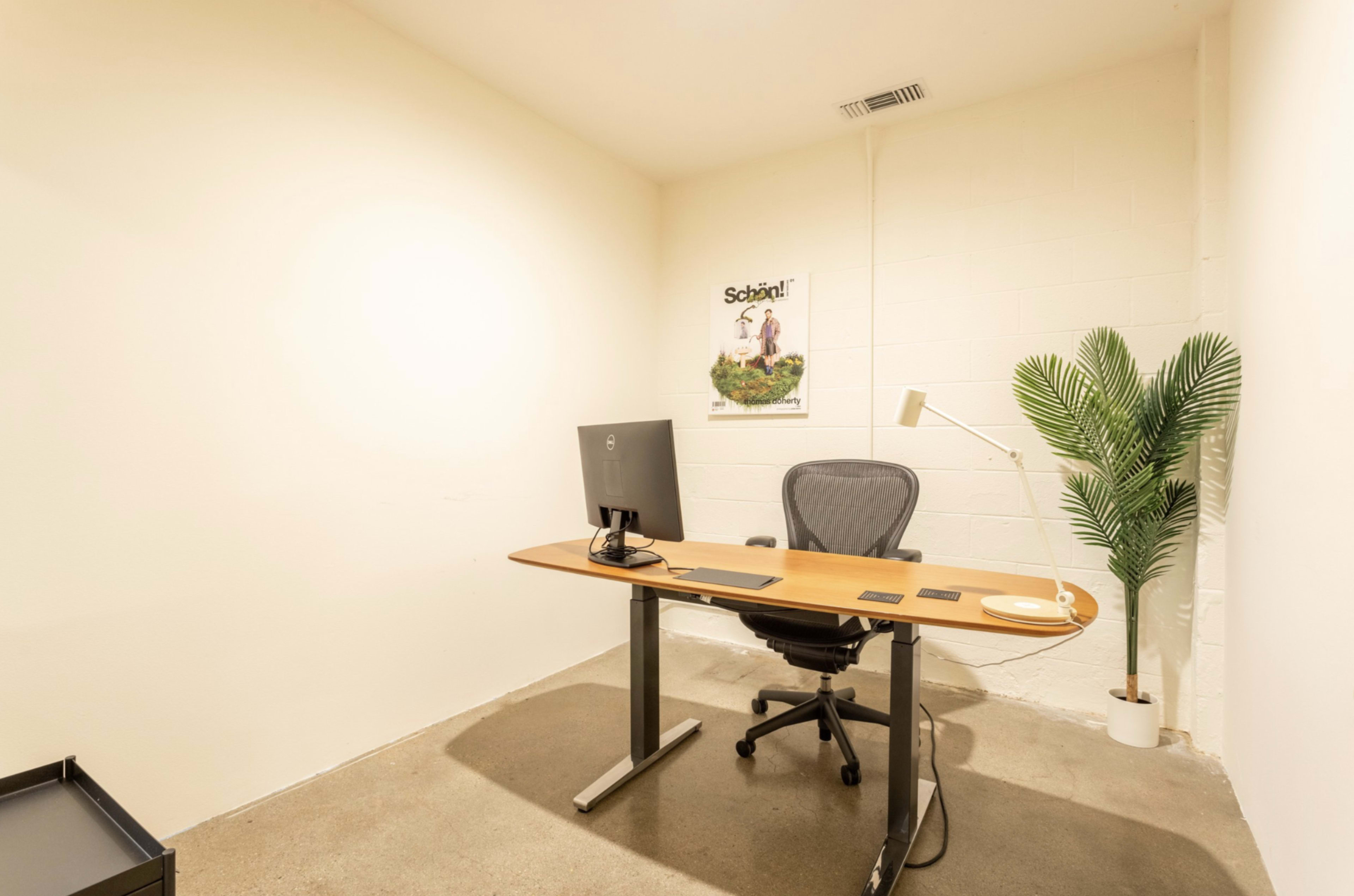 The image shows a minimalist office space with a wooden desk, an ergonomic chair, a computer monitor, and a potted plant in the corner.